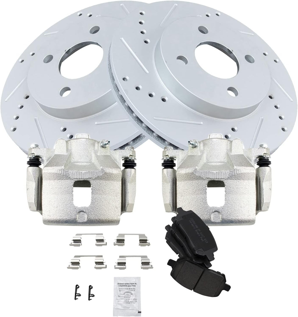 TRQ Performance Front Brake Pad and Rotor Set Ceramic Drilled Slotted Coated Rotors Calipers Compatible with 2005-2010 Chevrolet Cobalt 2007-2009 Pontiac G5 2003-2007 Saturn Ion