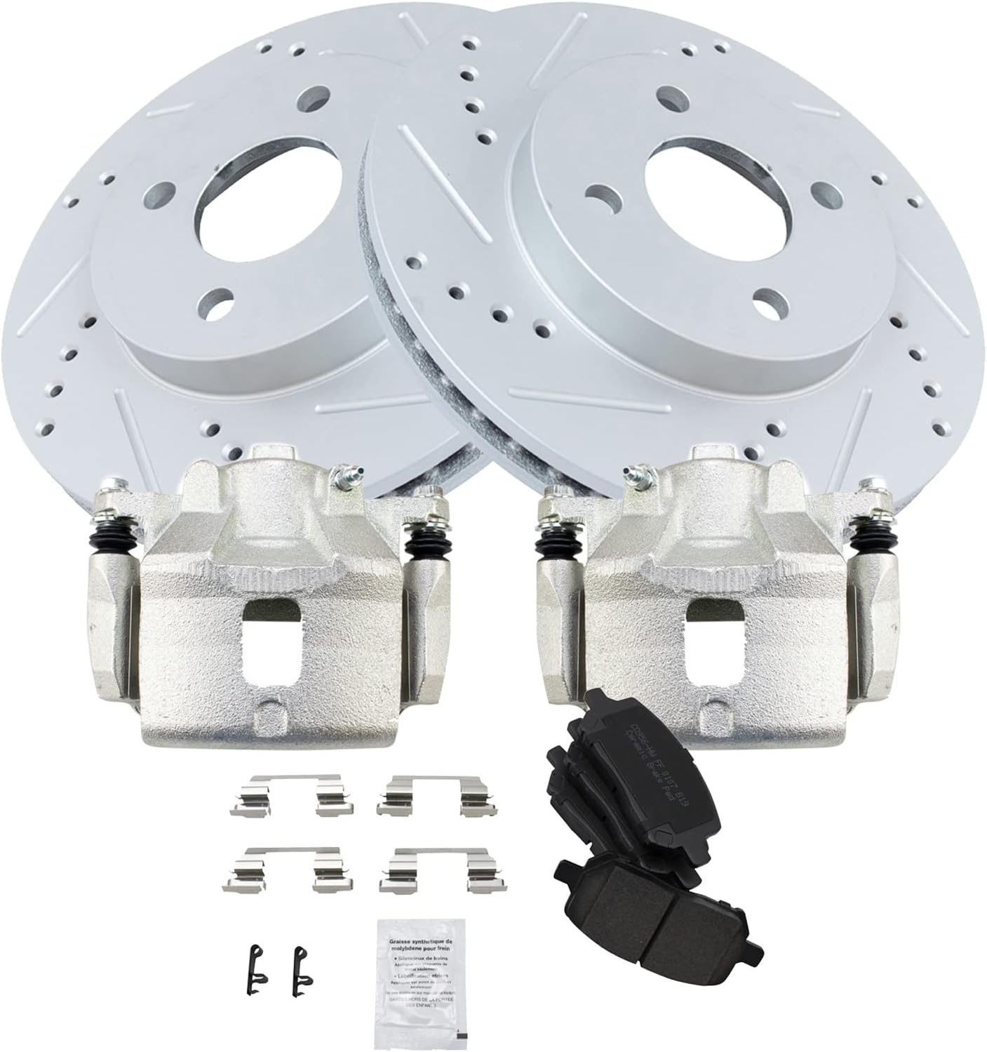 TRQ Performance Front Brake Pad and Rotor Set Ceramic Drilled Slotted Coated Rotors Calipers Compatible with 2005-2010 Chevrolet Cobalt 2007-2009 Pontiac G5 2003-2007 Saturn Ion