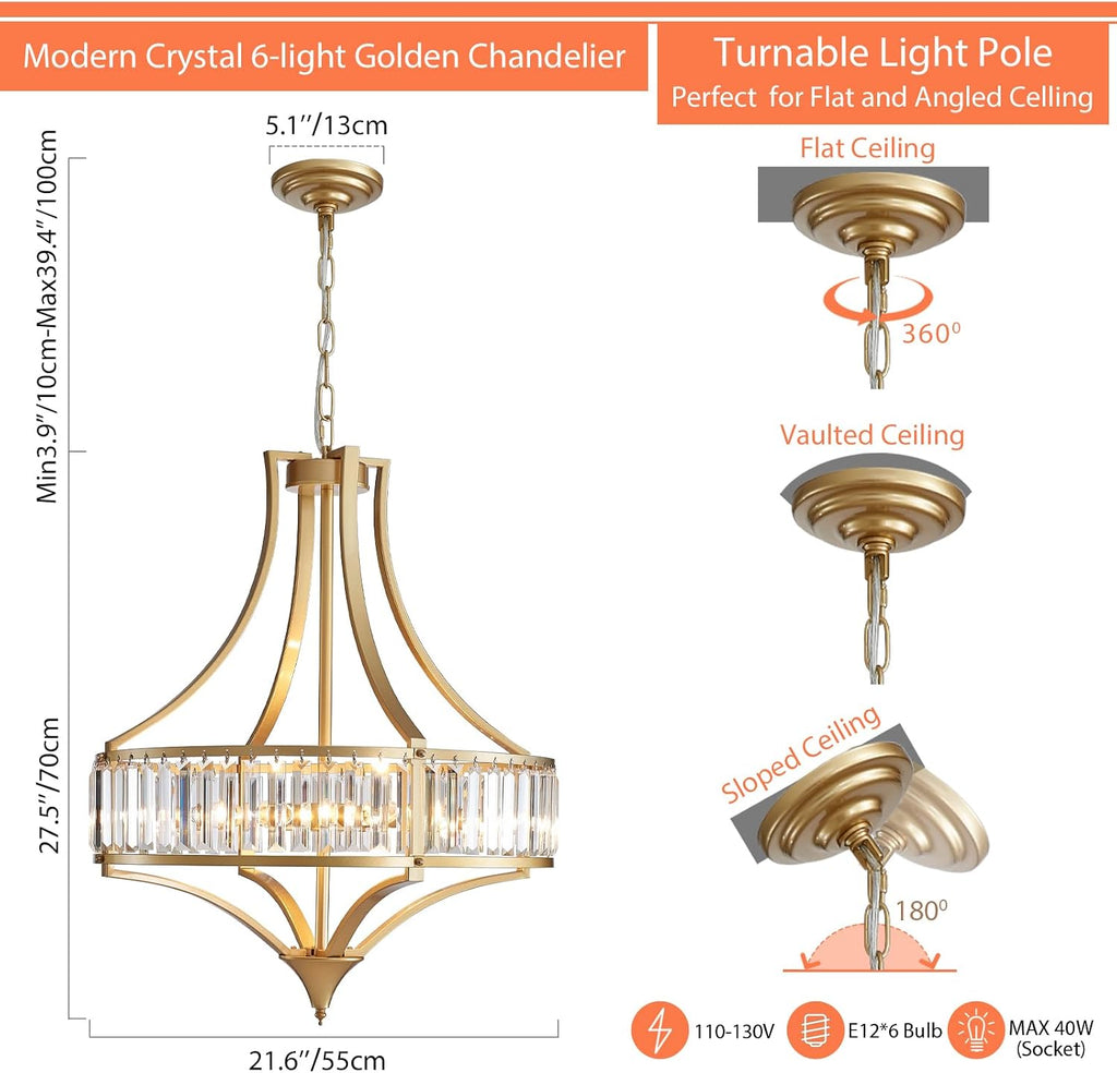 Crystal Chandeliers for Dining Room 21.6' Rustic Farmhouse Chandelier with Round Metal Shade 6-Light Large Gold Dining Room Light Fixture for Kitchen, Hallway, Bedroom, Foyer