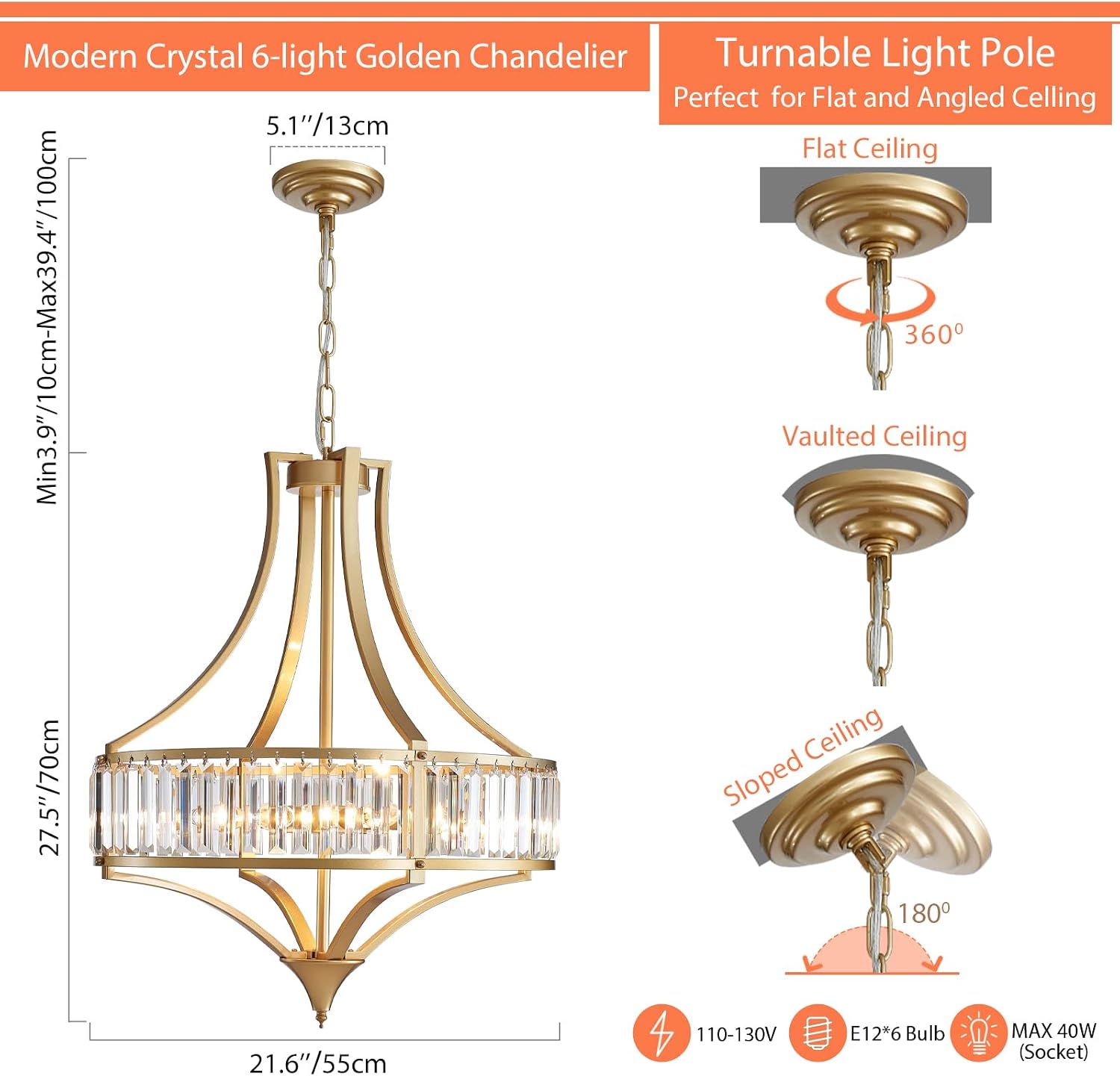 Crystal Chandeliers for Dining Room 21.6' Rustic Farmhouse Chandelier with Round Metal Shade 6-Light Large Gold Dining Room Light Fixture for Kitchen, Hallway, Bedroom, Foyer