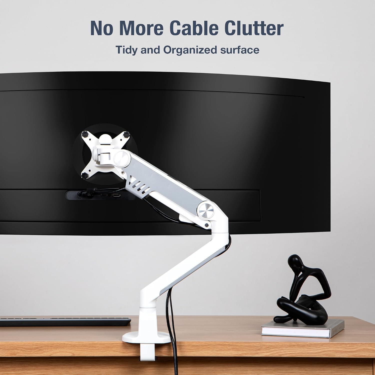 AVLT Single 13'-38' Monitor Arm Desk Mount fits One Flat/Curved/Ultrawide Screen Full Motion Height Swivel Tilt Rotation Adjustable Arm - VESA/C-Clamp/Cable Management - White