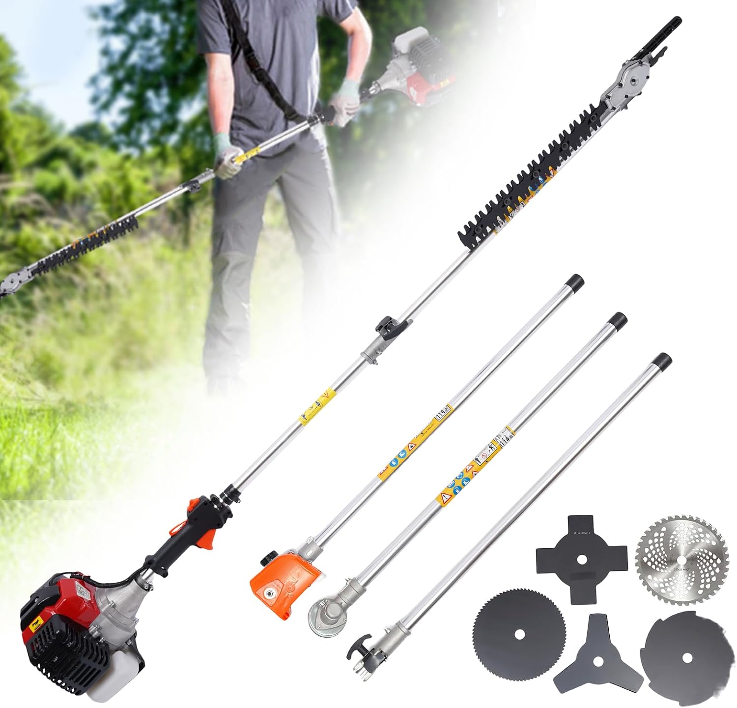 52CC Weed Wacker Gas Powered, 2-Stroke 10 in 1 Cordless String Trimmer Weed Eater with 3T/4T/8T/80T/40T Saw Blade, 4 Aluminum Weeding Ropes and 2T Diamond Blade for Yard Lawn