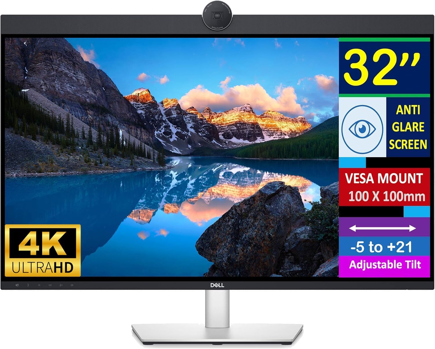 Dell UltraSharp 32' 4K UHD IPS Video Conferencing Monitor w/5ms Response Time, Built-in Speakers, Anti Glare, VESA Mount (100mm), DisplayPort, HDMI, Black/Silver (U3223QZ)