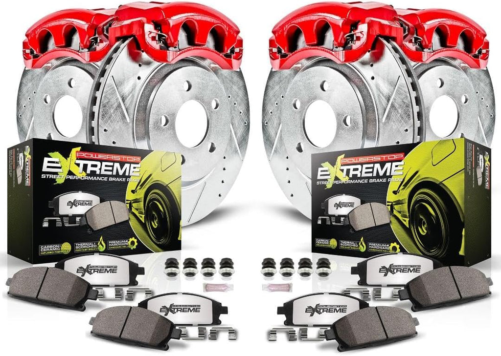 PowerStop Front and Rear Brake & Caliper Kit for INFINITI Q50 2014-24 | INFINITI Q60 2017-22 - Drilled & Slotted Disc Rotors + Carbon-Fiber Ceramic Brake Pads + Red-Powder Coated Calipers, KC8006-26