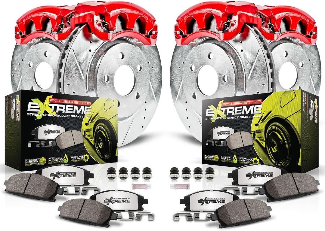 PowerStop Front and Rear Brake & Caliper Kit for INFINITI Q50 2014-24 | INFINITI Q60 2017-22 - Drilled & Slotted Disc Rotors + Carbon-Fiber Ceramic Brake Pads + Red-Powder Coated Calipers, KC8006-26