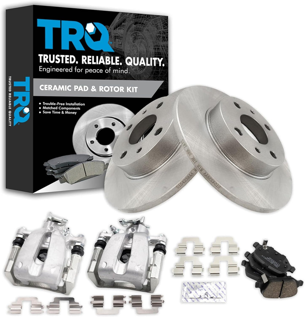 TRQ Rear Brake Pad and Rotor Set Ceramic Solid Rotors Calipers Compatible with 2012-2019 Fiat 500
