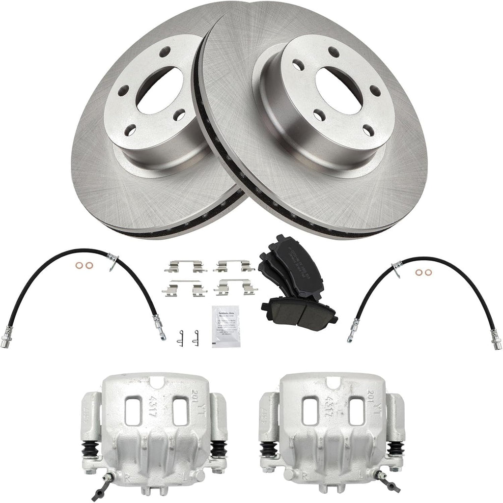 TRQ Front Brake Pad and Rotor Set Ceramic Rotors Calipers Hoses Compatible with 1999-2001 Subaru Legacy 2000 Outback