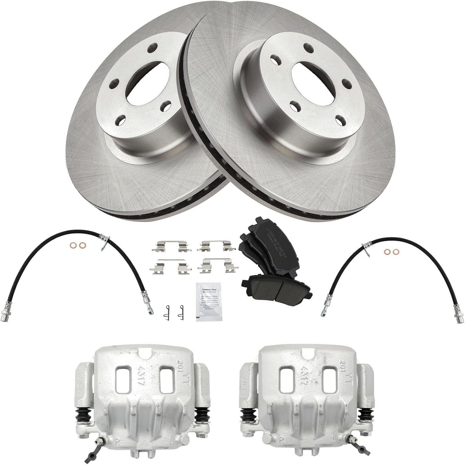 TRQ Front Brake Pad and Rotor Set Ceramic Rotors Calipers Hoses Compatible with 1999-2001 Subaru Legacy 2000 Outback