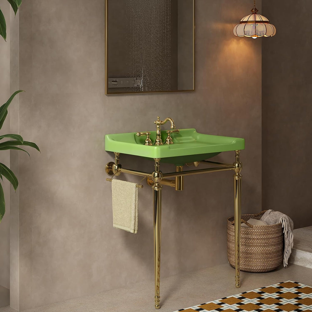 28' Free Standing Bathroom Vanity with Stainless Steel Brushed Gold Supporting Leg and Towel Rack, Black Bathroom Console Sink with 3 Tap Holes, Green Basin with Gold