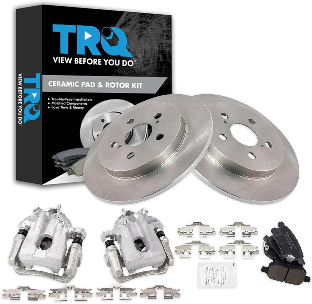 TRQ Rear Brake Pad and Rotor Set Ceramic Solid Rotors Calipers Compatible with 2010-2013 Toyota Prius