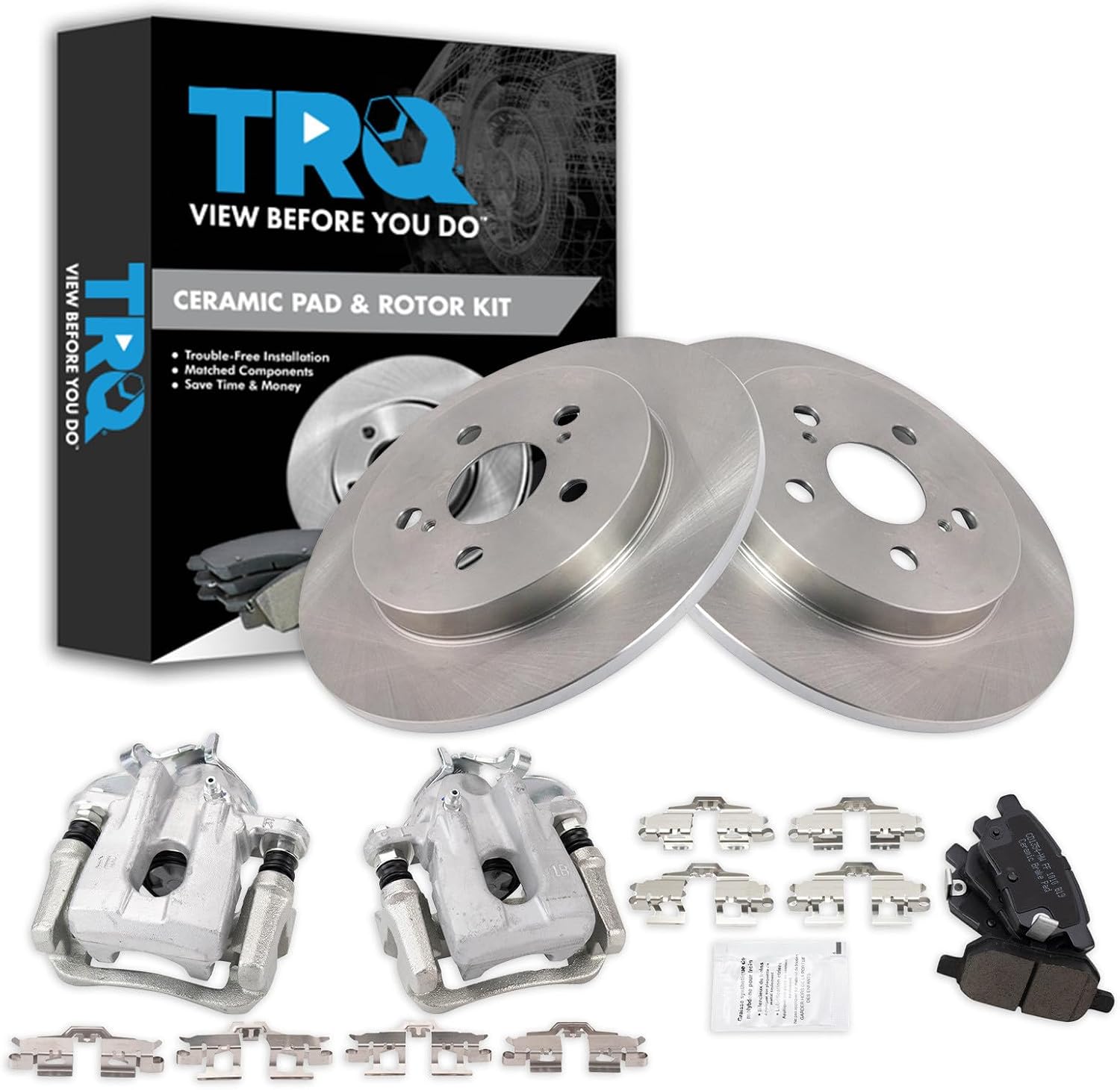 TRQ Rear Brake Pad and Rotor Set Ceramic Solid Rotors Calipers Compatible with 2010-2013 Toyota Prius