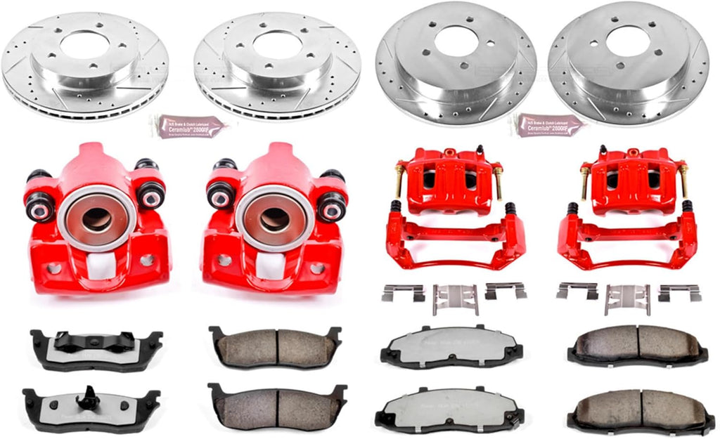 PowerStop Front and Rear Brake & Caliper Kit for Ford F-150 2000-03 | Ford F-150 Heritage 2004 - Drilled & Slotted Disc Rotors + Z36 Brake Pads + Red-Powder Coated Calipers, KC1868-36
