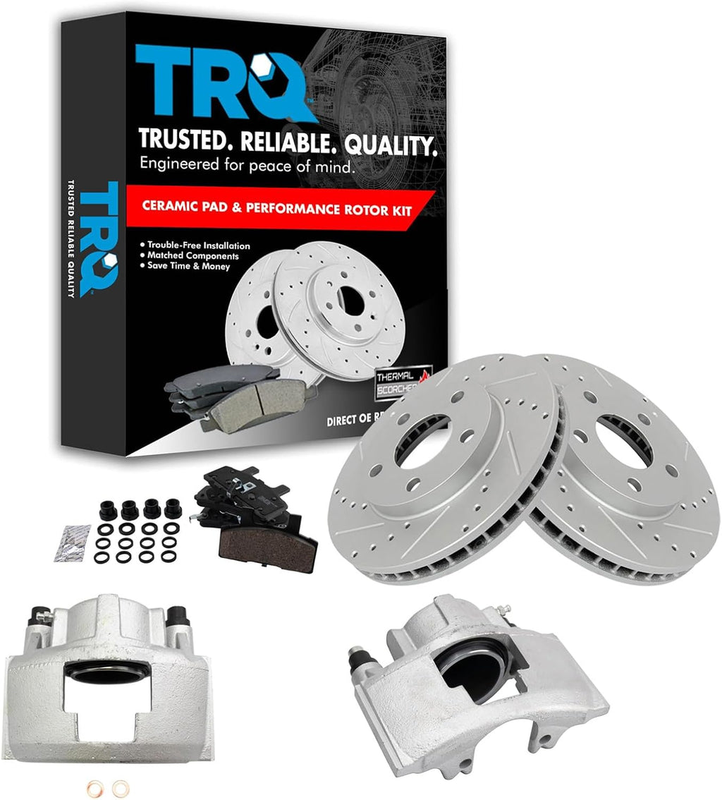 TRQ Performance Front Brake Pad and Rotor Set Ceramic Vented Coated Slotted Drilled Rotors Calipers Compatible with 1991-1993 Cadillac DeVille 1991-1992 Fleetwood