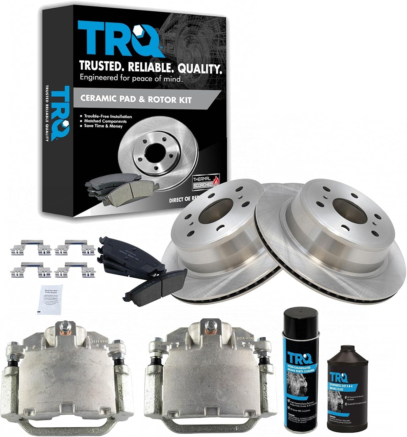 TRQ Rear Ceramic Brake Pad Rotor & Caliper Kit w/Fluids Compatible with Escalade Silverado