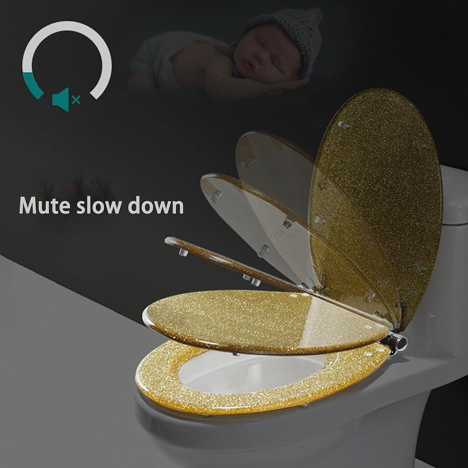 Glitter Toilet Seat, Round, Resin Toilet Seat Cover, Easy Installation and Cleaning, Soft Close Toilet Seats (Gold, Silver, Black, Pink) 36 * 42Cm,Silver