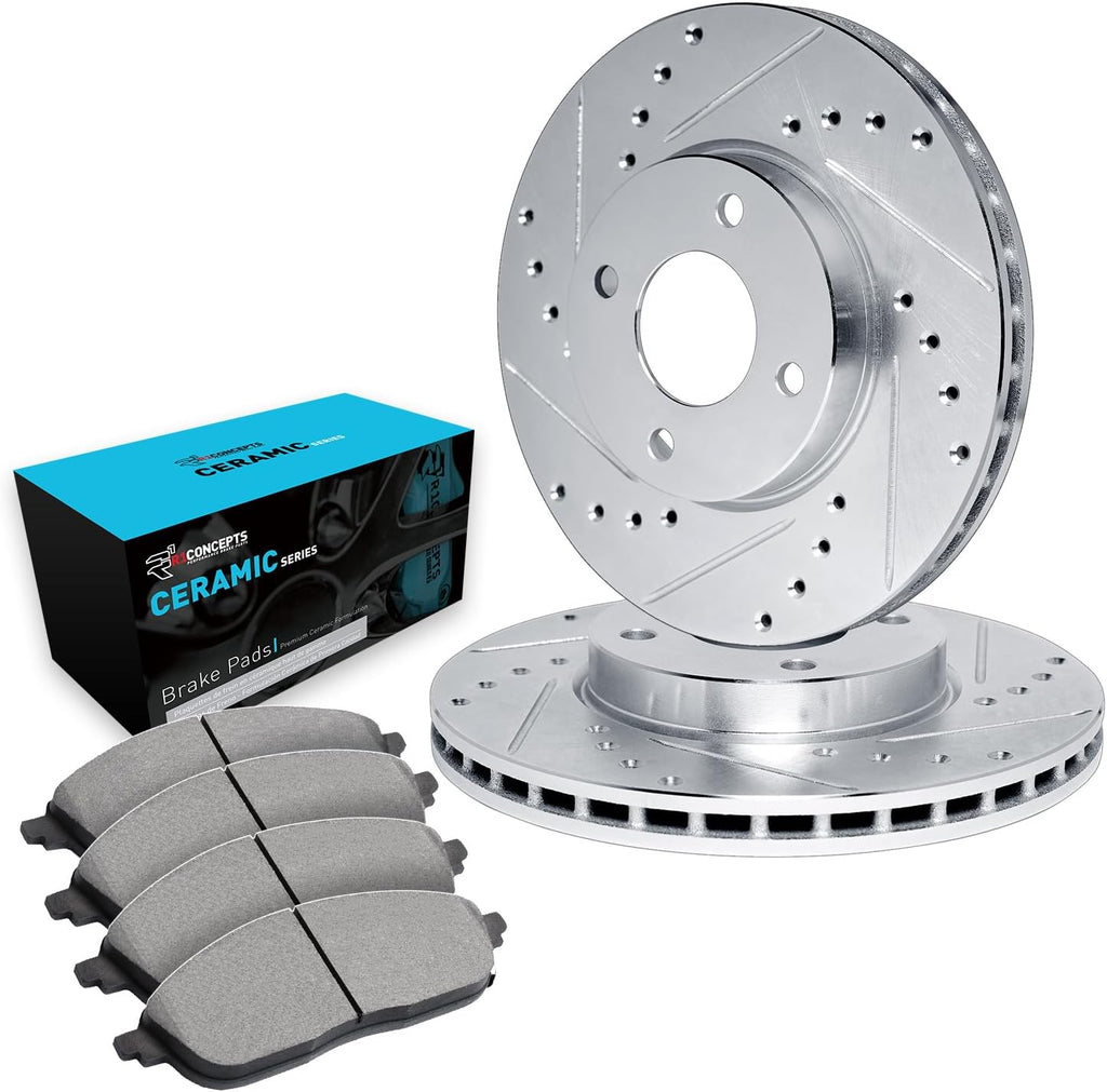 R1 Concepts Front Brake Kit Fits 2001-2012 Ford Courier; 1998-2004 Ford Fiesta| Ceramic Brake Pads and Drilled Slotted Brake Rotors| 9.4' Front Rotor
