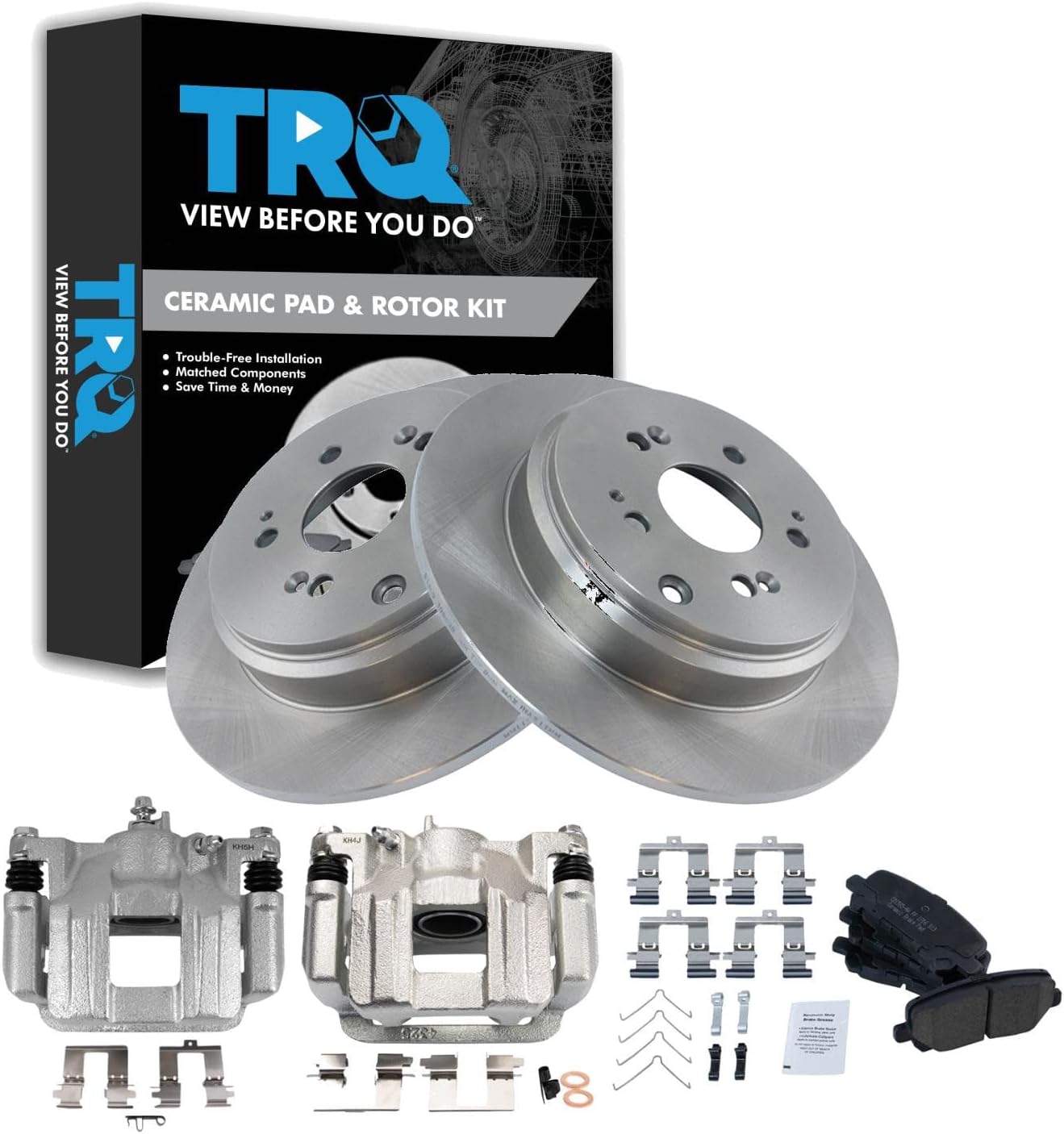 TRQ Rear Brake Pad and Rotor Set Ceramic Solid Rotors Calipers Compatible with 2011-2017 Honda Odyssey