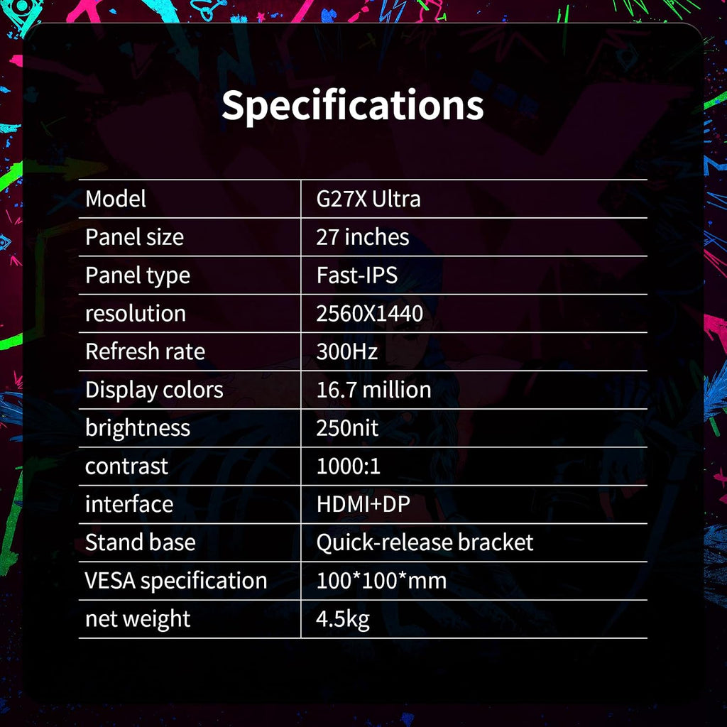 27inch Gaming Computer Monitor,2K(QHD 2560x1440) 300Hz Monitor, Fast IPS 1ms Response Time, FreeSync&G-Sync, Anti-Blue Light, Ultra Slim, 100% sRGB, DP*2 & HDMI*2 Ports VESA Mount(G27X Ultra)