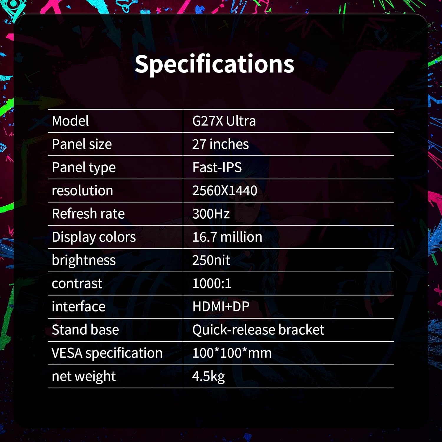 27inch Gaming Computer Monitor,2K(QHD 2560x1440) 300Hz Monitor, Fast IPS 1ms Response Time, FreeSync&G-Sync, Anti-Blue Light, Ultra Slim, 100% sRGB, DP*2 & HDMI*2 Ports VESA Mount(G27X Ultra)