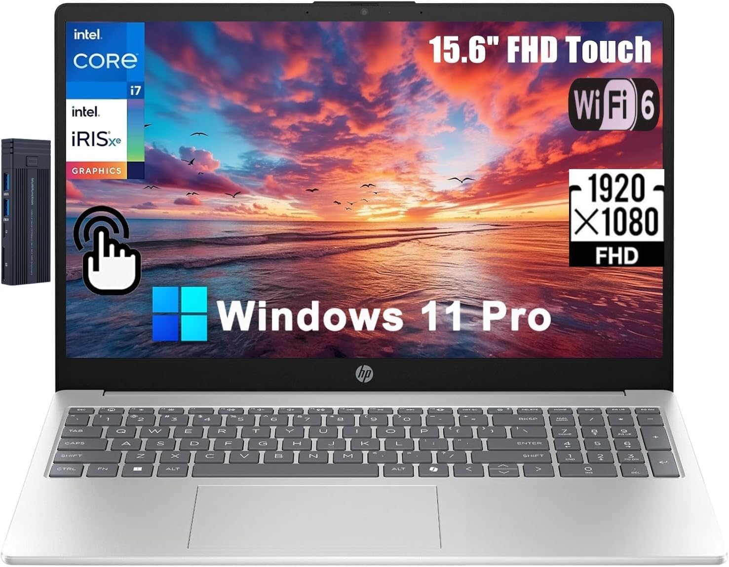 HP 15.6' FHD Touchscreen Business Laptop, 13th Gen Intel i7-1355U, 16GB RAM 512GB SSD, 256gb 9H Docking Station, WiFi 6, Webcam, Bluetooth, Windows 11 Pro, Silver