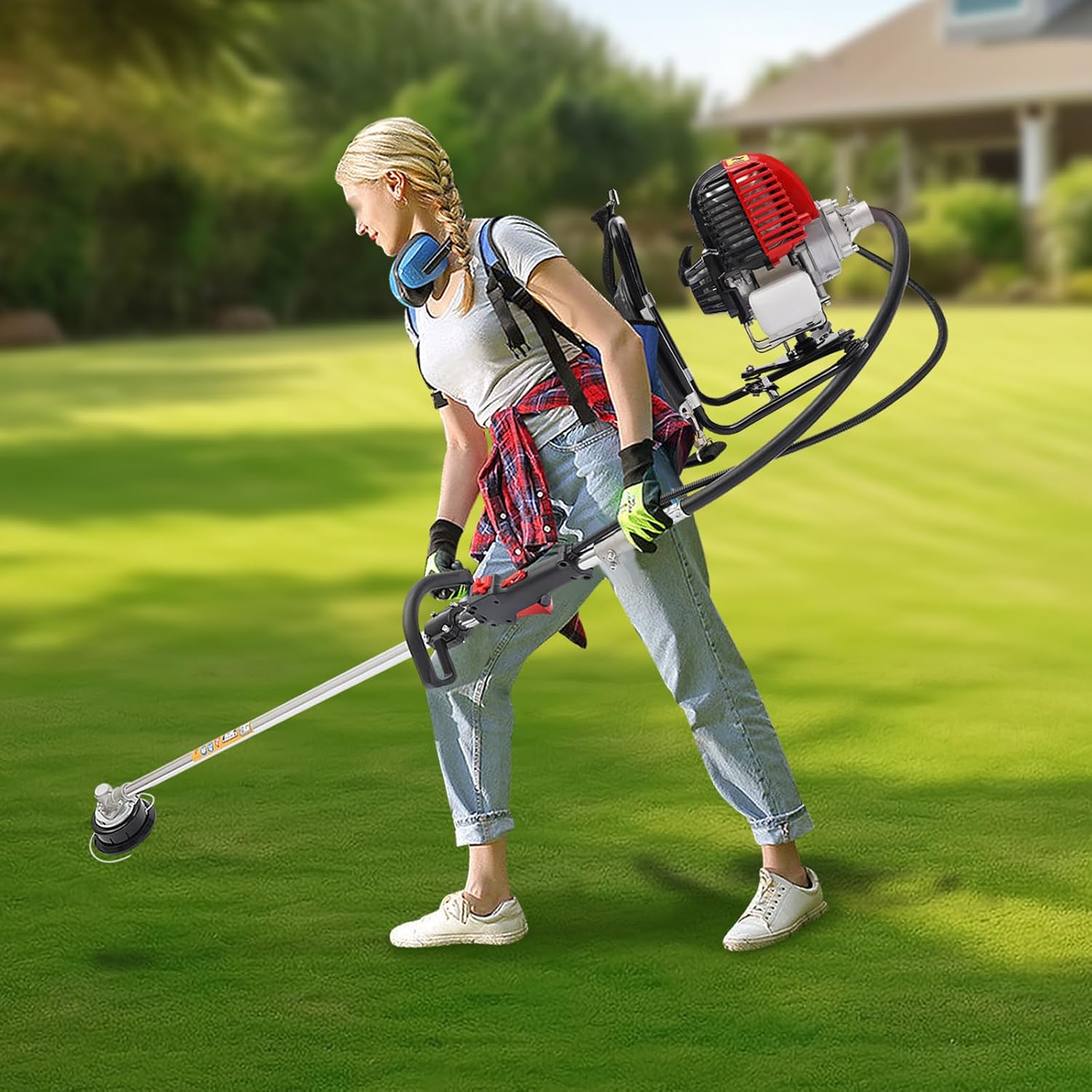 Brush Cutter, 2 in1 Backpack 4 Stroke Gas Power Weed Wacker, 750W Air-Cooling Tiller Grass Hedge Trimmer Lawn Mower Weed Eater for Weeding and Irrigation