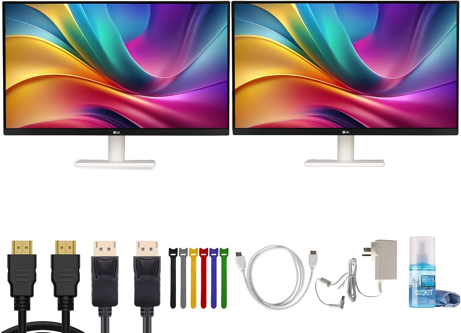 LG Ultrafine 27US500-W 27' 4K UHD (3840×2160) Monitor (White) (2-Pack) | IPS Display, HDR10, 60Hz, 90% DCI-P3 Gamut, Anti-Glare Screen, Tilt Stand, HDMI & DisplayPort - Bundle