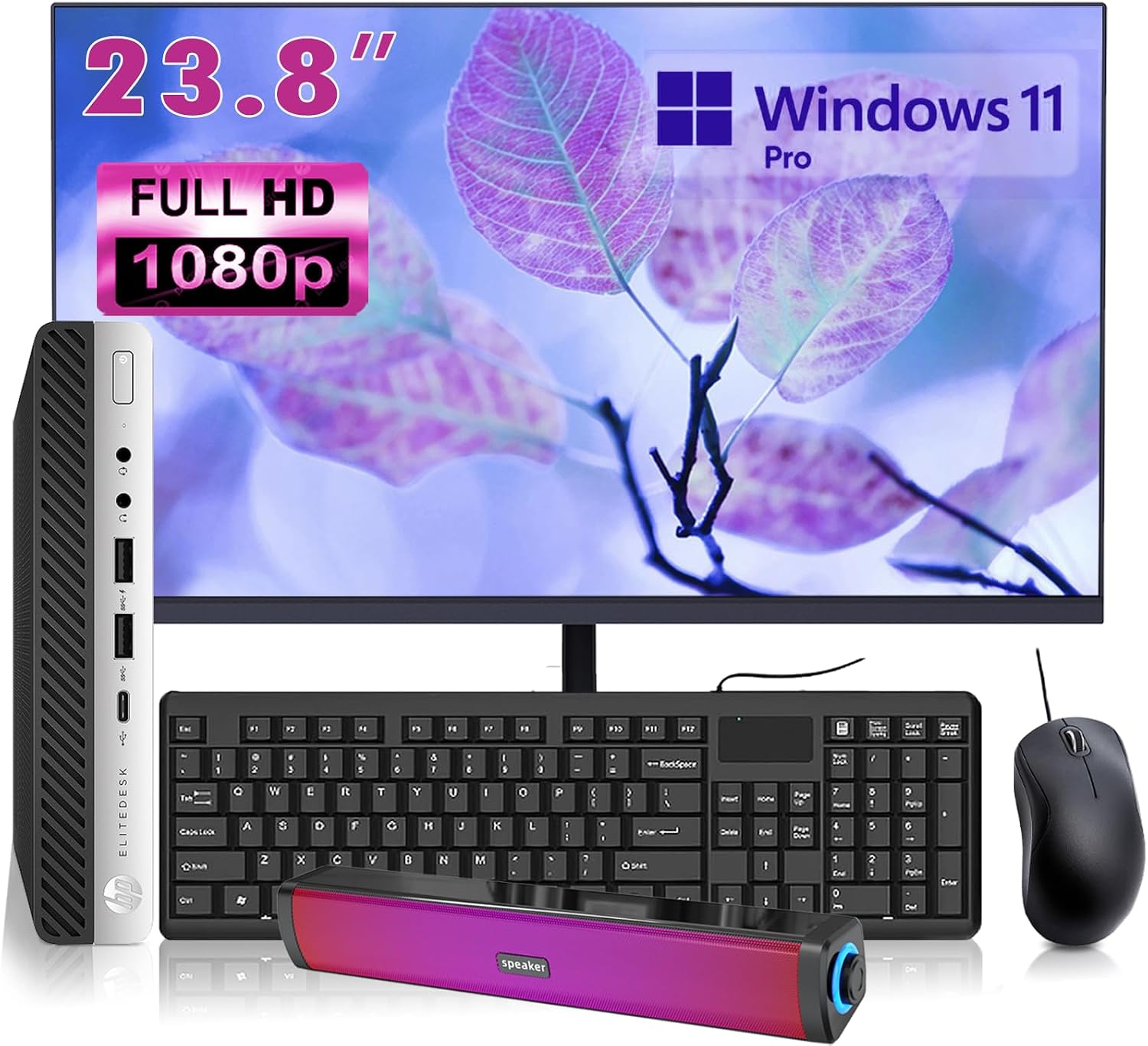 HP EliteDesk 800 G4 Mini Desktop with New 24' FHD Monitor and RGB Speakers PC Set, Core i5-8500T, 16GB RAM, 256GB SSD, Windows 11 Pro (Renewed)
