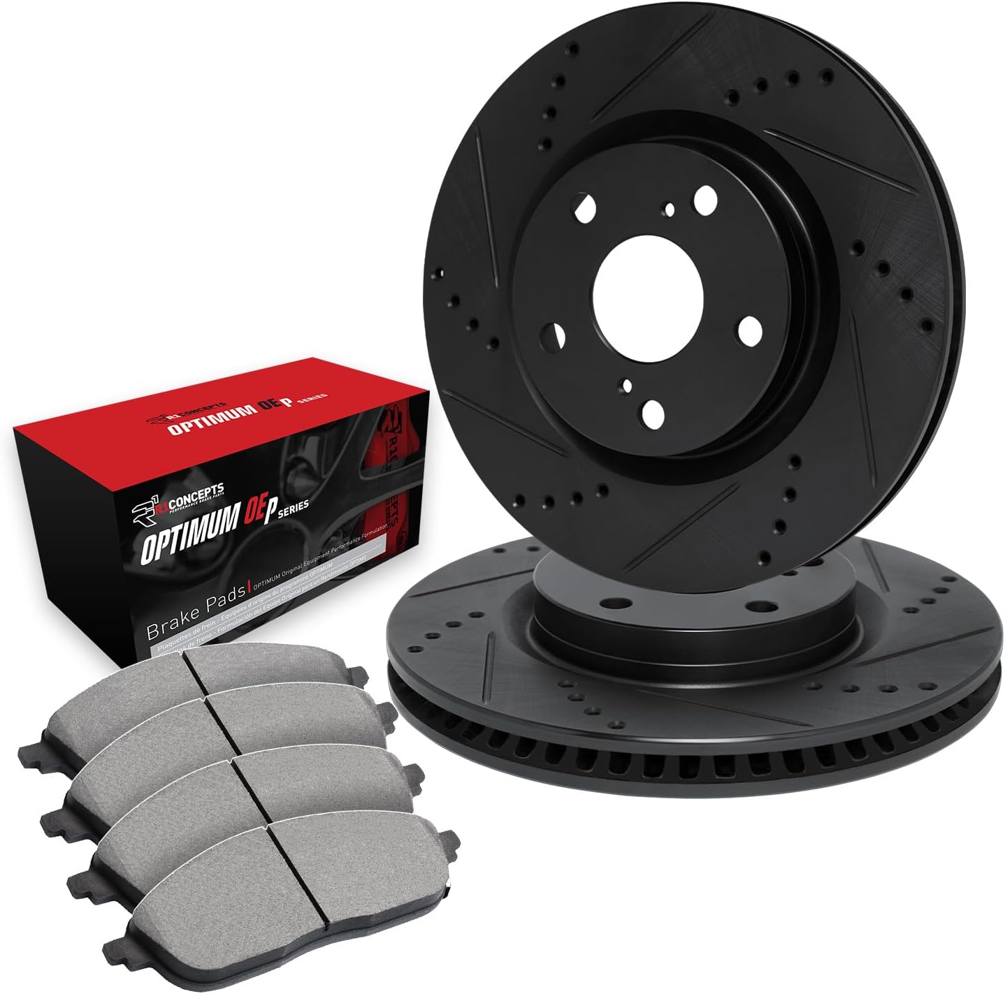 R1 Concepts Front Brake Kit Fits 2011-2017 Lexus CT200h; 2010-2015 Toyota Prius| Optimum Oep Brake Pads and Drilled Slotted Brake Rotors| 10.0' Front