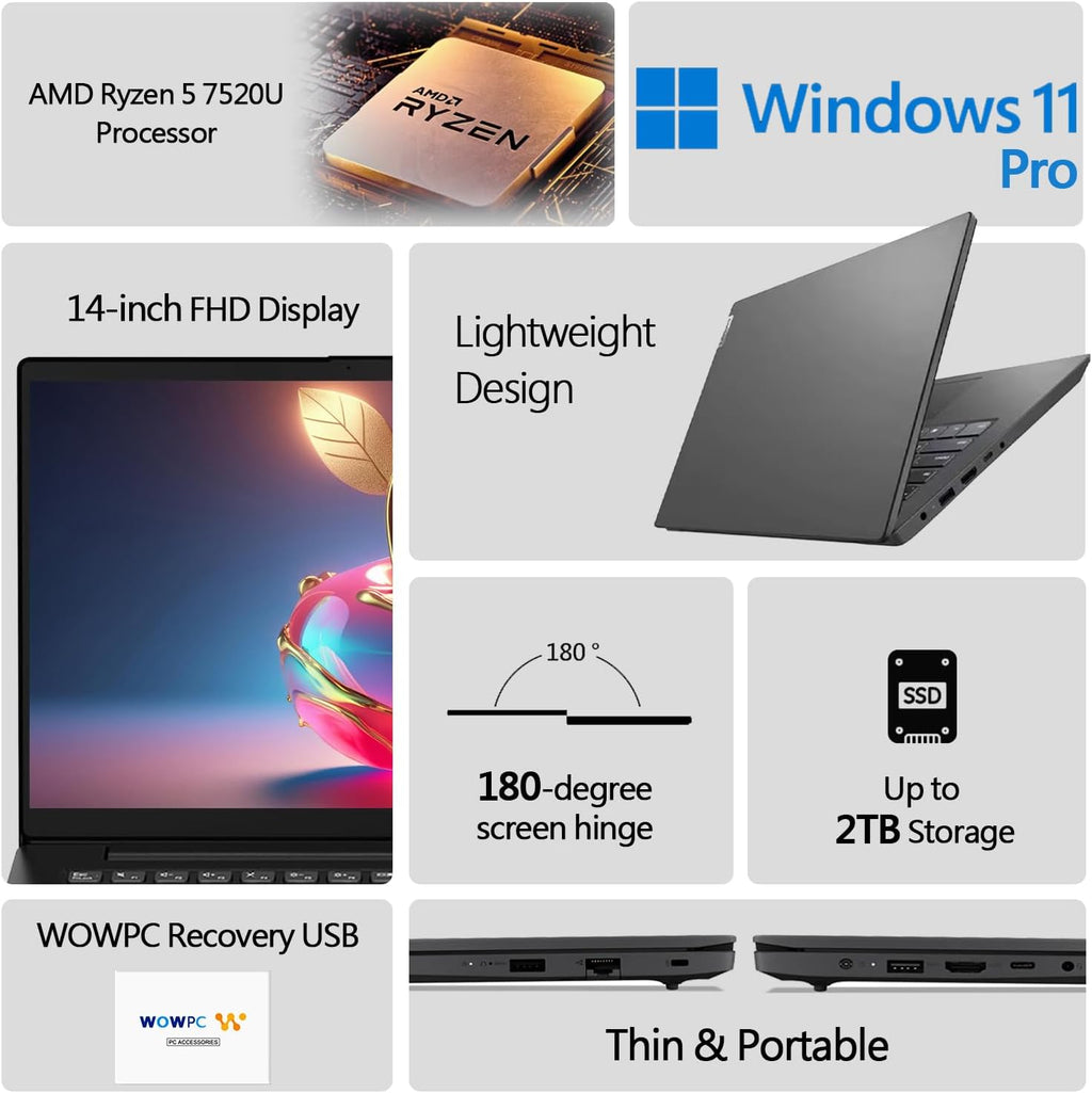 Lenovo V14 G4 Business Laptop, 14' FHD Anti-Glare Display, AMD Ryzen 5 7520U 4 Core (Beats i5-1130G7), 8GB DDR5 RAM, 256GB PCIe SSD, Ethernet Port (RJ-45), HDMI Port, Built-in Webcam, Windows 11 Pro