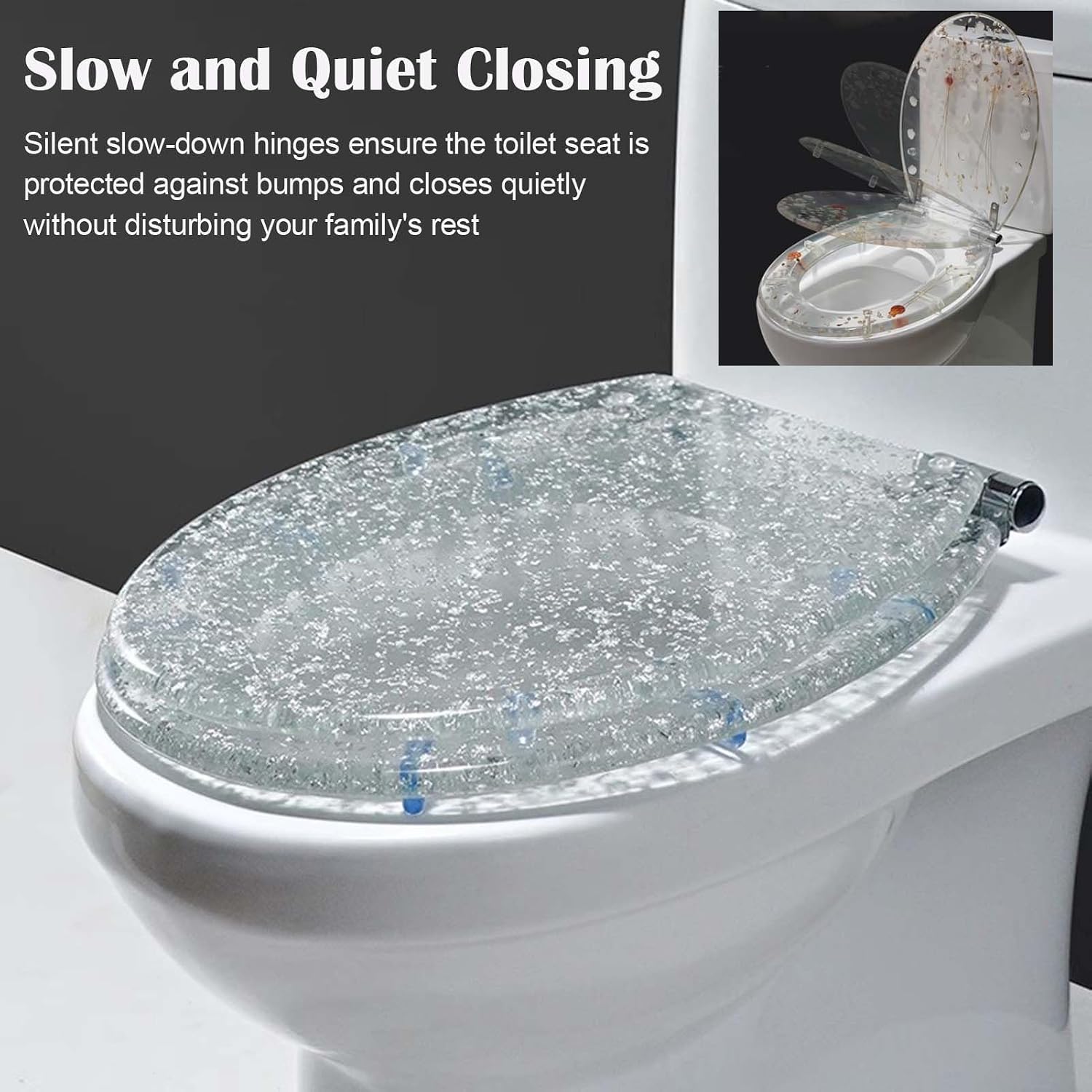 Transparent Toilet Seat Slow Close, Cushioned Acrylic Toilet Seat Set, Heavy Duty Resin Toilet Bowl Lid, Decorative Gold Silver Foil Toilet Cover(Gold)
