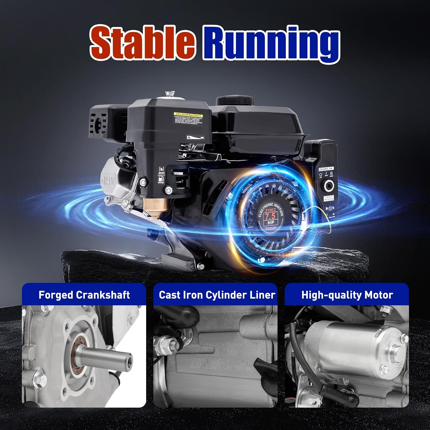 7.5HP Electric Start Horizontal Engine, Gas Engine W/Electric Start Upgrade Version Gas Power 210CC Engine Motor for Compressor Scarifier Lawnmower Pump Generator Flail Mower