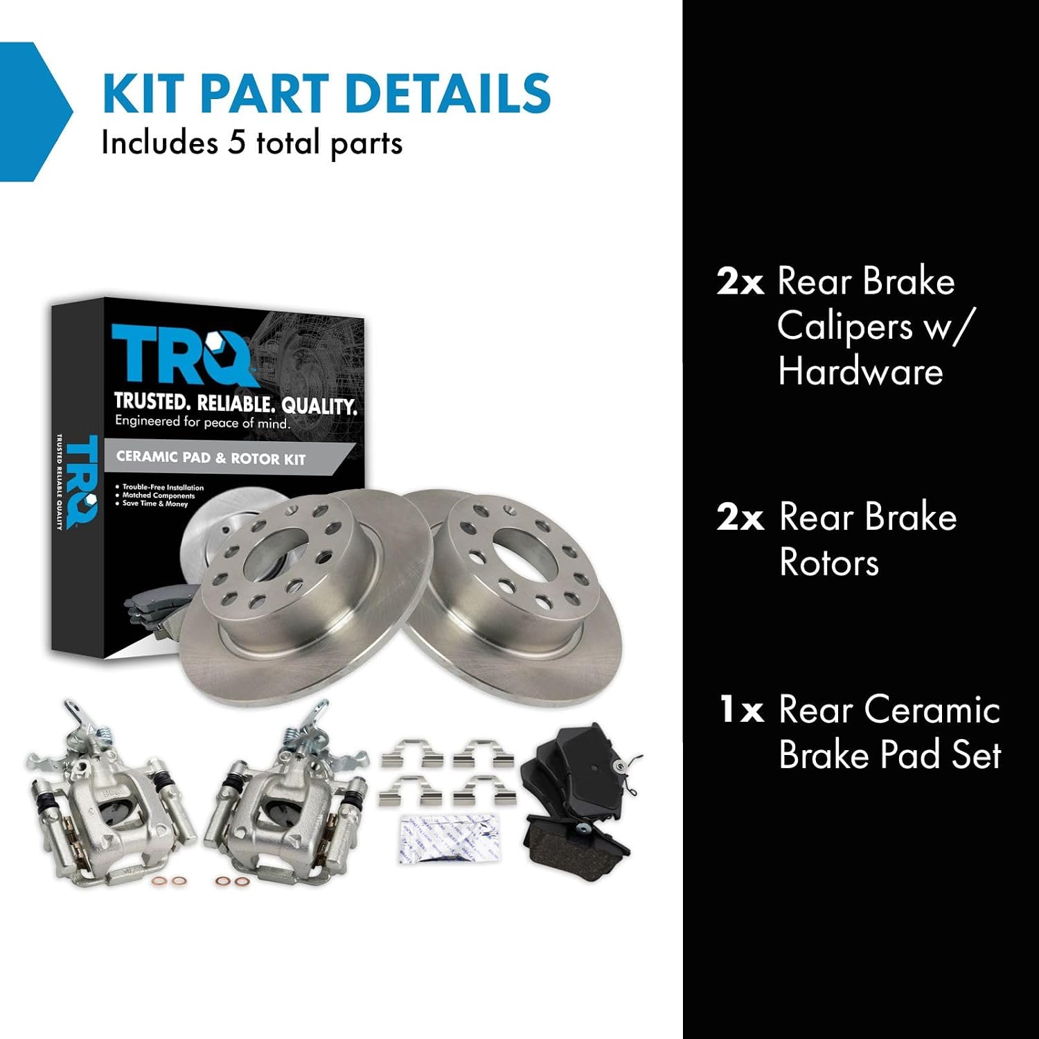 TRQ Rear Brake Pad and Rotor Set Ceramic Solid Rotors Calipers Hardware Compatible with 2013 Volkswagen Beetle