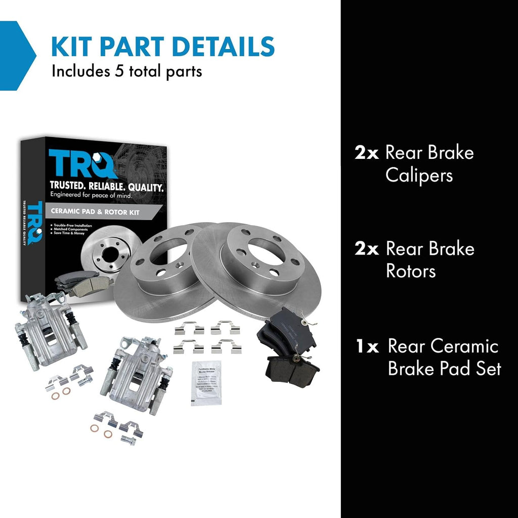 TRQ Rear Brake Pad and Rotor Set Ceramic Solid Rotors Calipers Compatible with 1999 Volkswagen Jetta