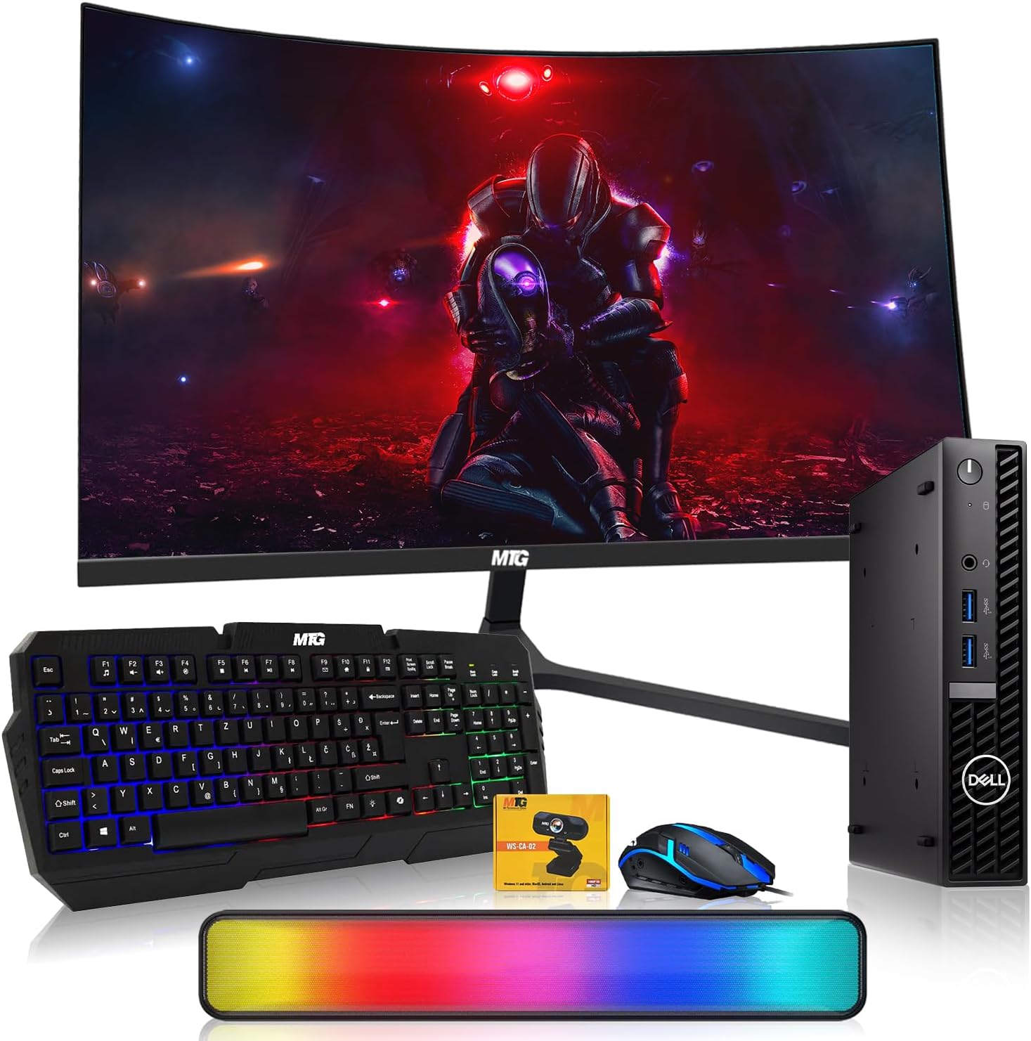 Dell Optiplex Tiny Mini Desktop PC, Intel Core i5, 16GB RAM, 1TB SSD with 27 inch Curved Monitor, AI Enabled RGB Keyboard Mouse, RGB Soundbar and Webcam Windows 11 Pro (Renewed)
