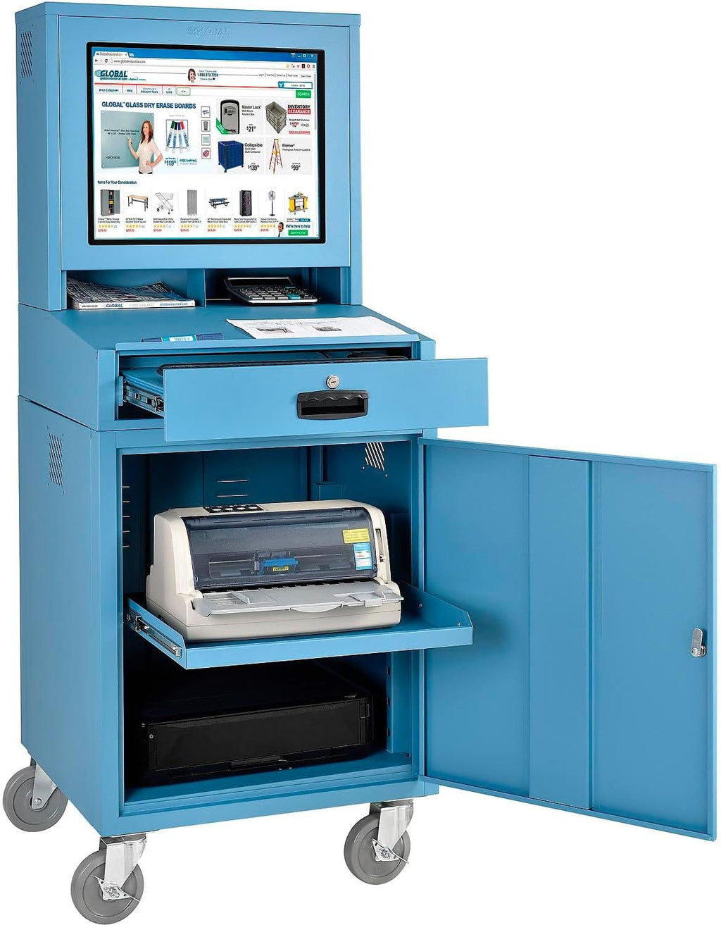Global Industrial Mobile Security LCD Computer Cabinet Enclosure for 24' Diagonal Monitors, Steel Construction, Blue Powder Coat Finish, 24-1/2'W x 22-1/2'D x 62-3/4'H