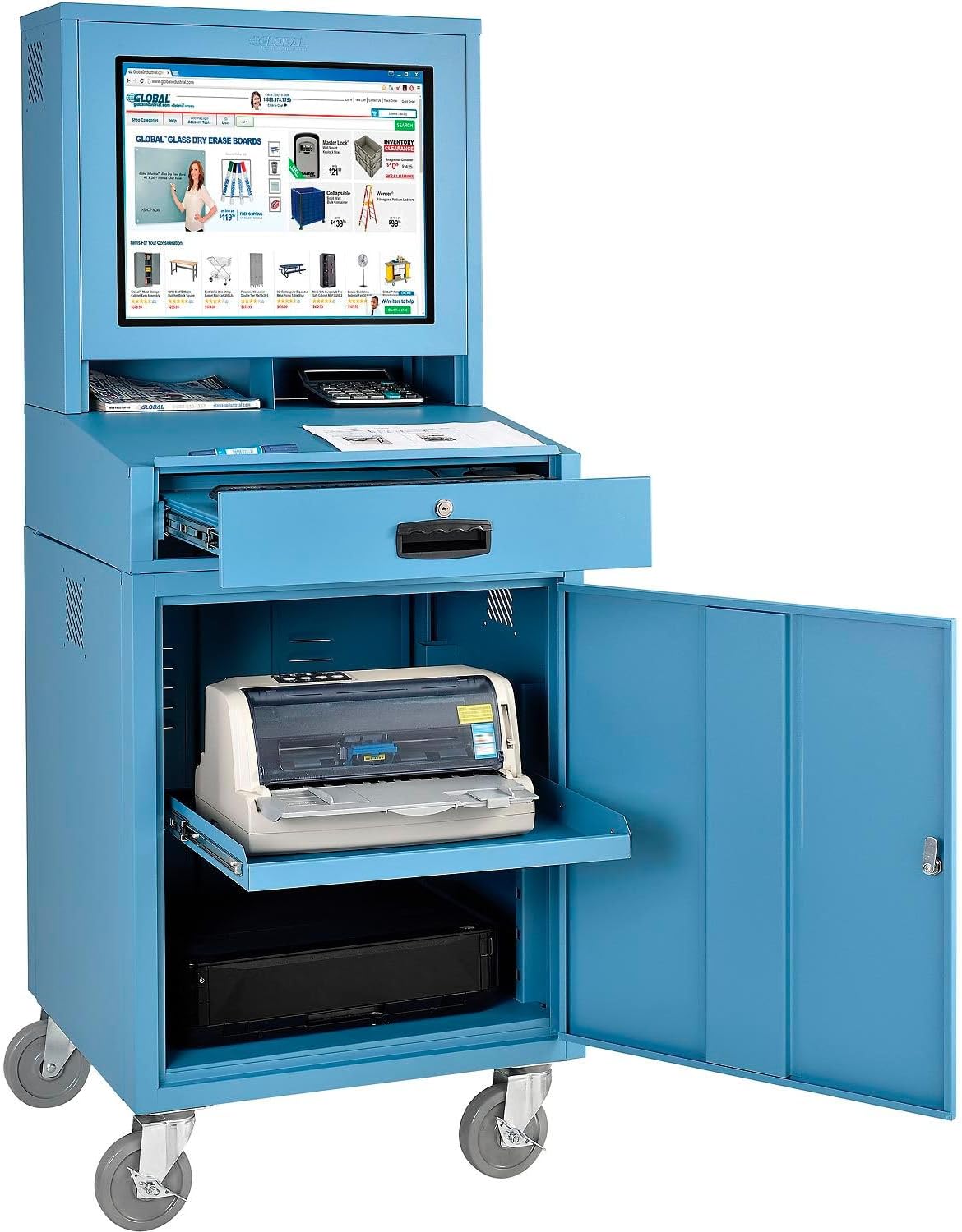 Global Industrial Mobile Security LCD Computer Cabinet Enclosure for 24' Diagonal Monitors, Steel Construction, Blue Powder Coat Finish, 24-1/2'W x 22-1/2'D x 62-3/4'H