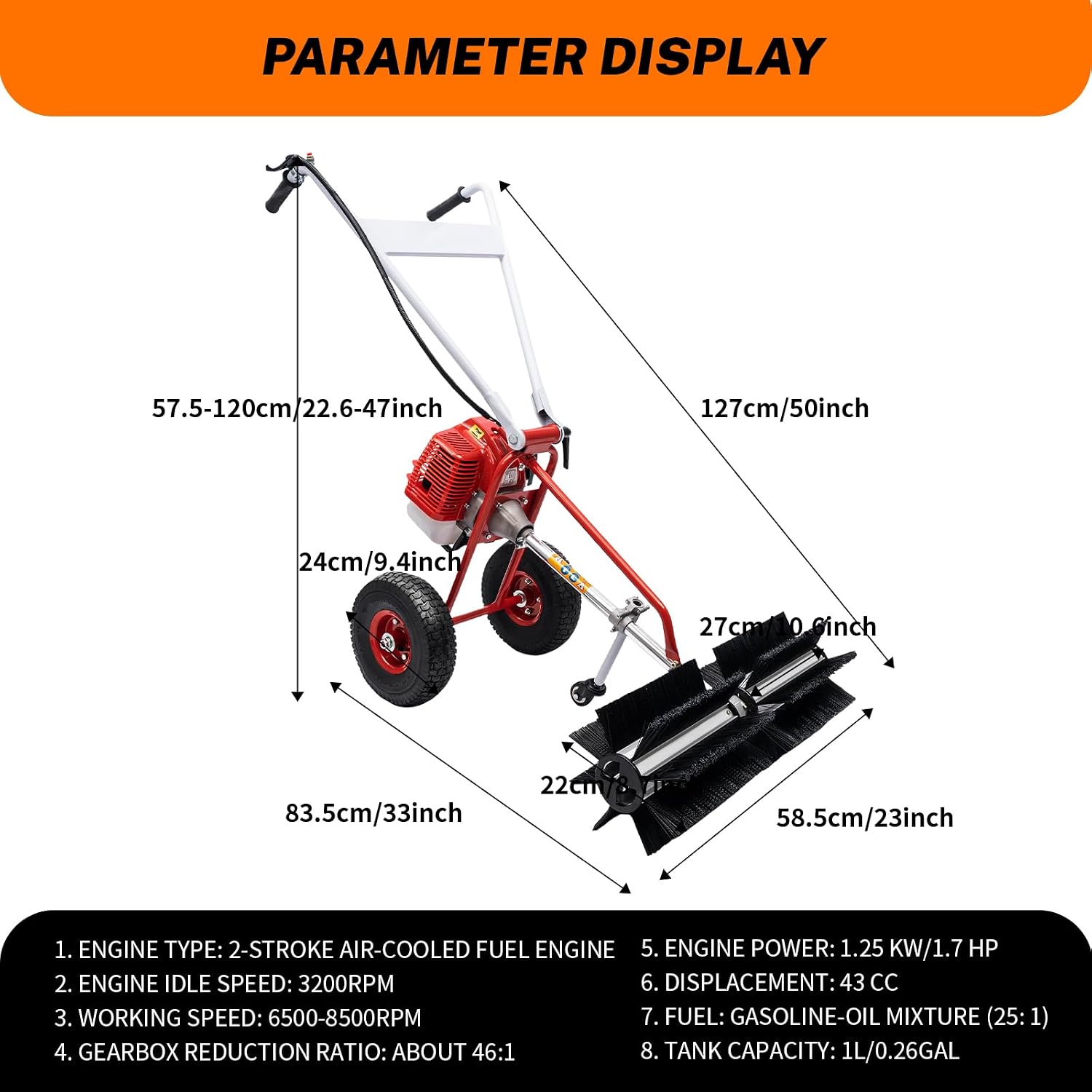 Gas Power Sweeper 43CC 1.7HP Sweeping Broom for Lawn Carpet Artificial Grass Brush Sweeper with Gearbox and Height-Adjustable Handle Snow Cleaning Machine