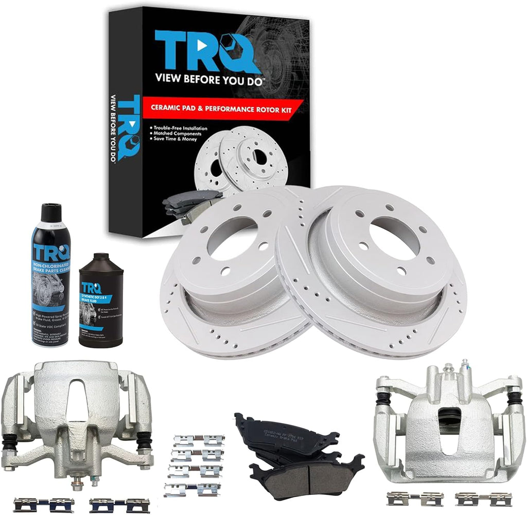 TRQ Rear Performance Brake Pad, Caliper, & Rotor Kit, with Chemical Kit Ceramic Premium G-Coated Compatible with 2012-2016 Ford F-150