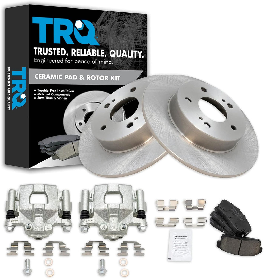 TRQ Rear Brake Pad and Rotor Set Ceramic Solid Rotors Calipers Compatible with 2003 Nissan Maxima