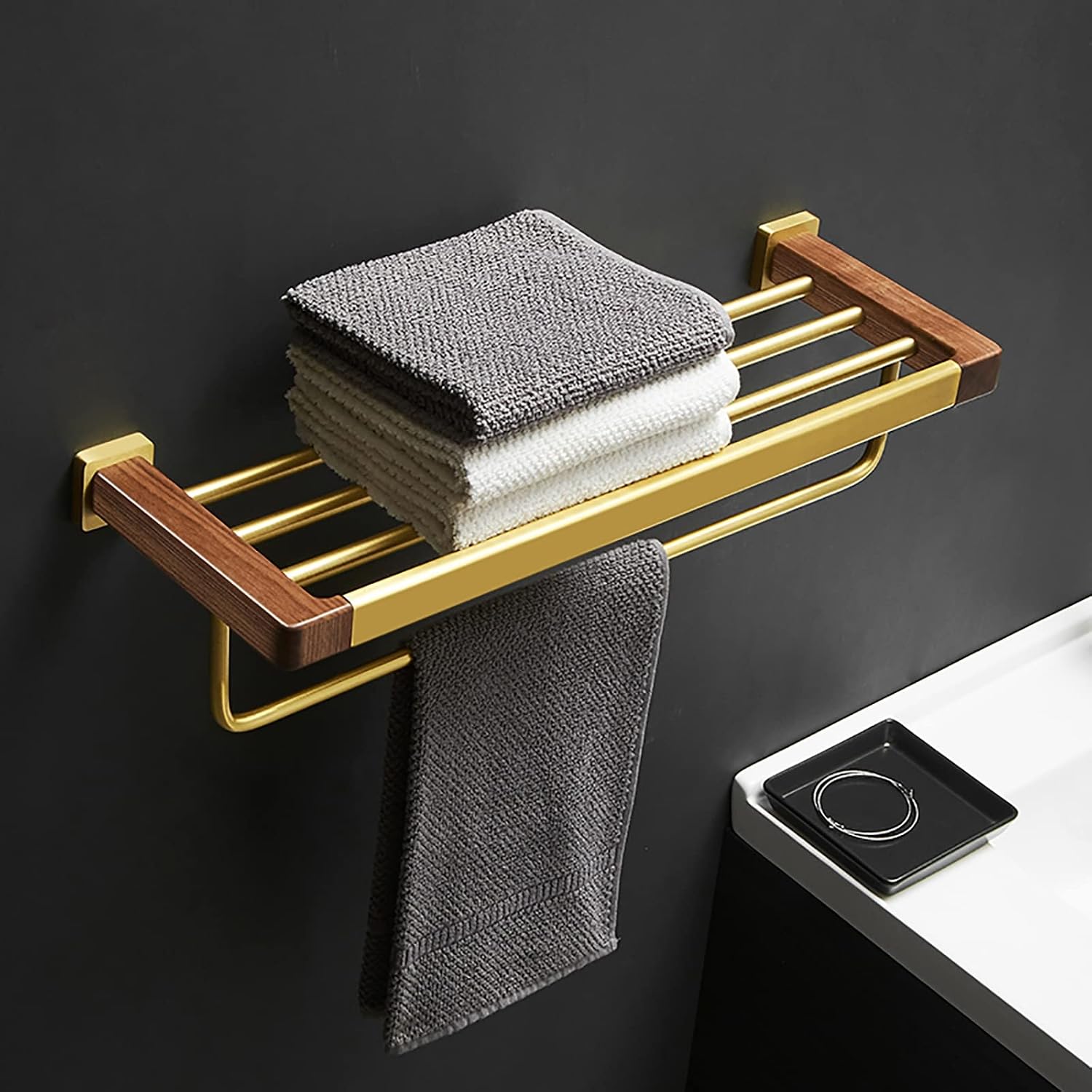 Bathroom Towel Rack Brushed Gold Towel Bar Space Aluminum and Walnut Towel Rail Wall Mounted Towel Holder Double Rod Storage Rack for Bathroom, Kitchen, Toilet