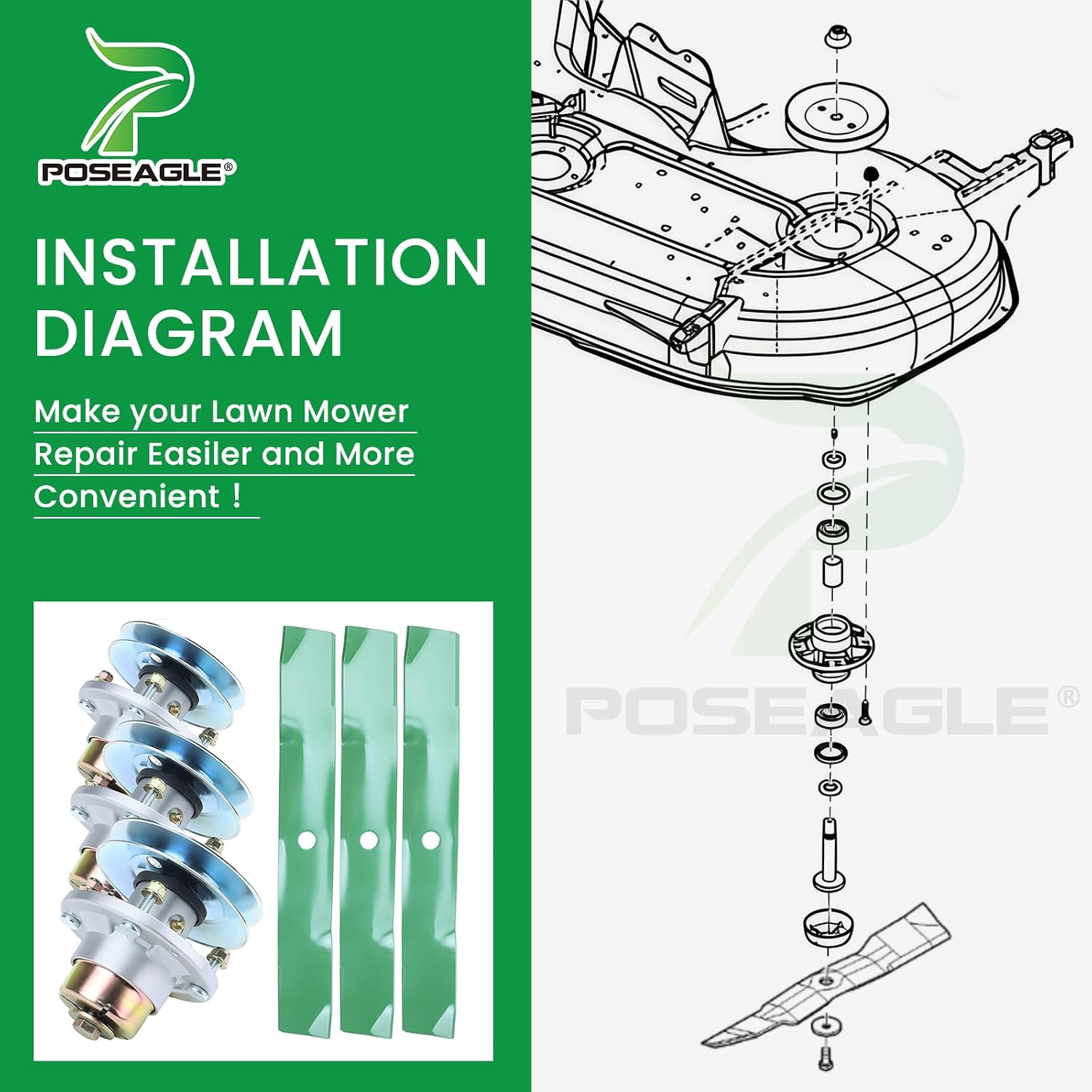 Deck Rebuild Kit for John Deere X380 X384 X390 X394 X570 X580 X584 X590 Z325E Z330M Z330R Z375R Z515E ZTrak Includes 3 Pack AM144608 Spindle Assembly with UC20697 Pulley UC22010 Blade