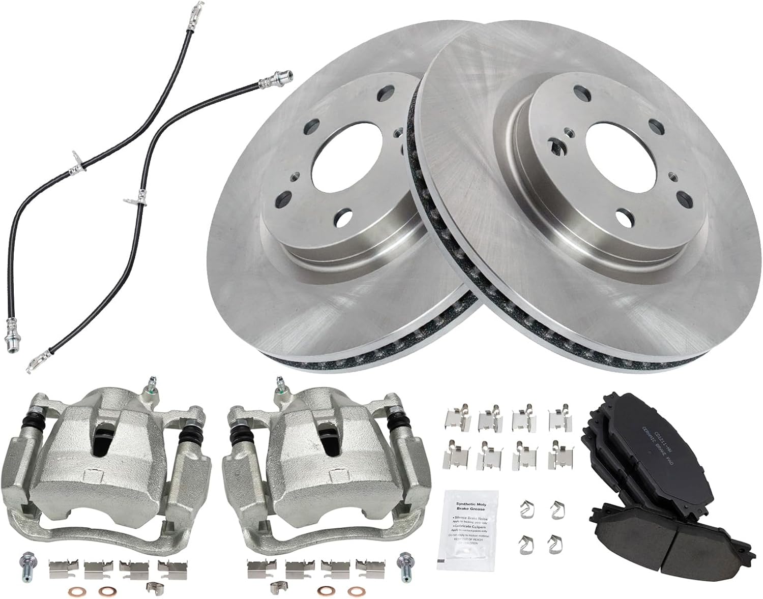 TRQ Front Brake Pad and Rotor Set Ceramic Rotors Calipers Hoses Compatible with 2009-2010 Pontiac Vibe 2009-2013 Toyota Matrix
