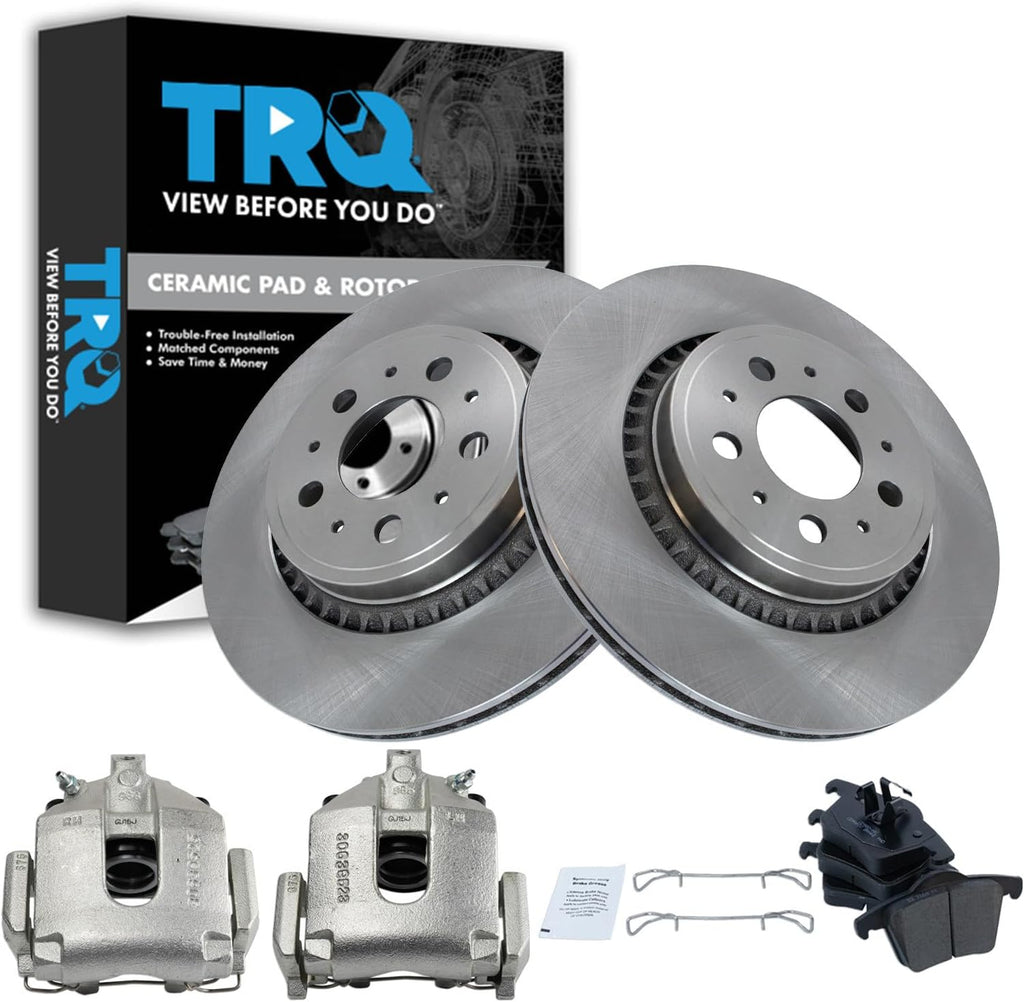 TRQ Rear Brake Pad and Rotor Set Ceramic Rotors Calipers Compatible with 2003-2014 Volvo XC90