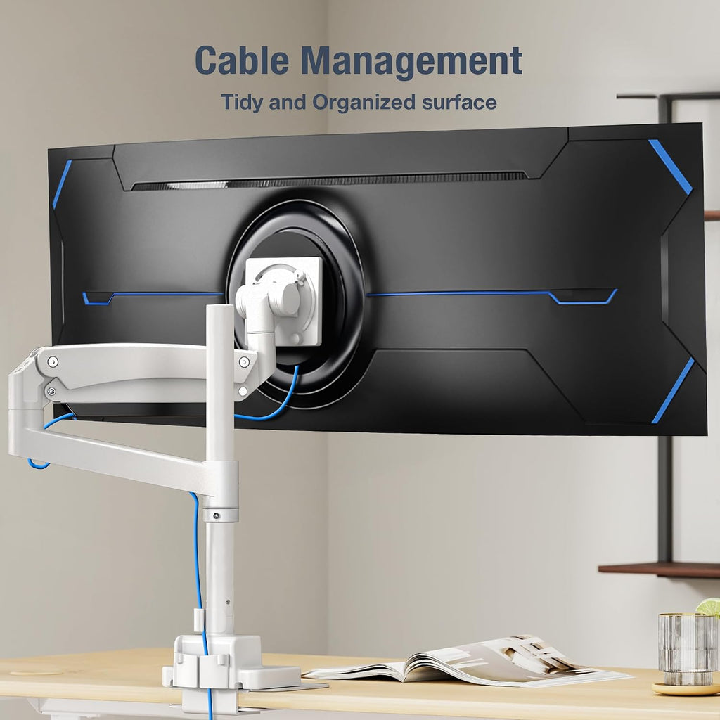 AVLT Single 57 Inch Heavy Duty Monitor Arm Pole Top Mount with USB-C&A Ports-White, Height Adjustable, Easy Install Top C-Clamp/Grommet with Reinforcement Plates, VESA Compatible 200/100/75