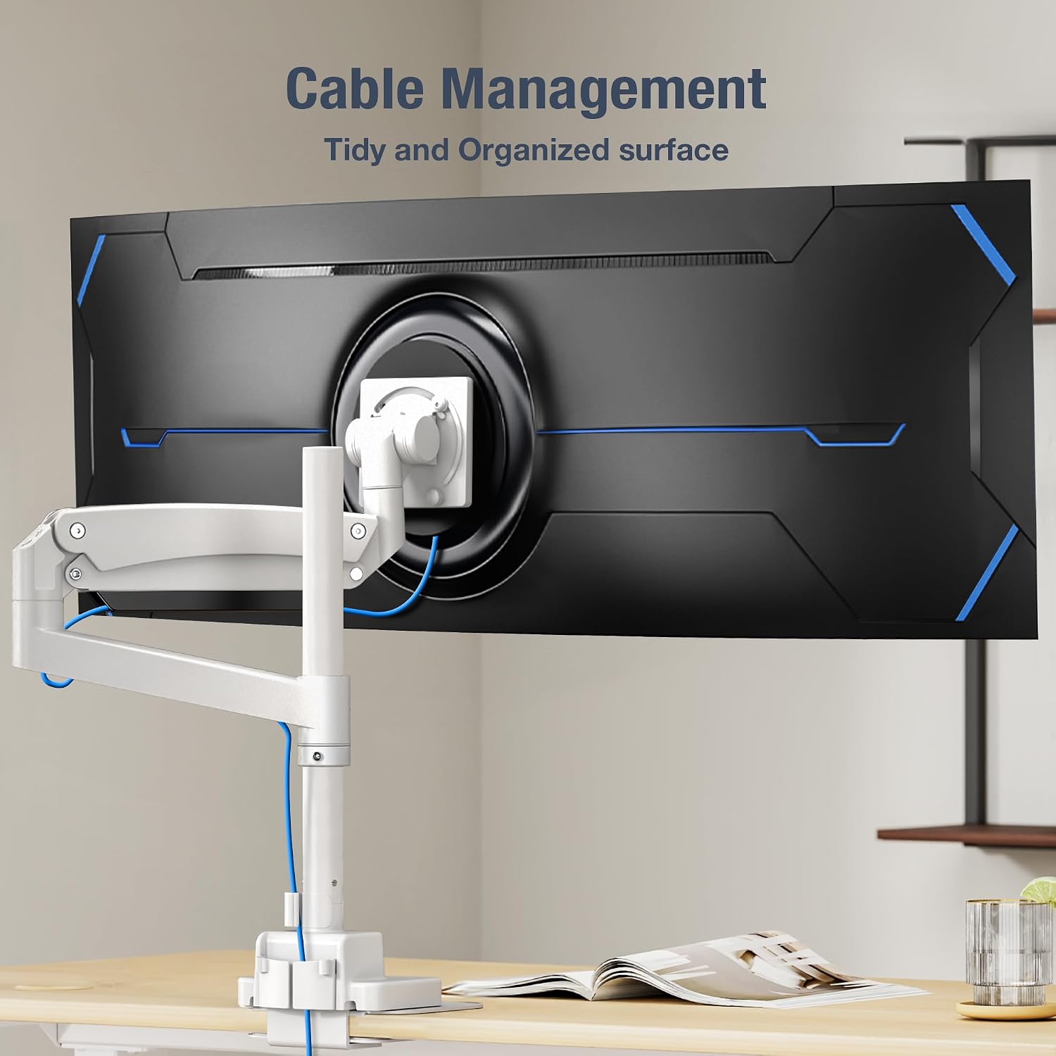 AVLT Single 57 Inch Heavy Duty Monitor Arm Pole Top Mount with USB-C&A Ports-White, Height Adjustable, Easy Install Top C-Clamp/Grommet with Reinforcement Plates, VESA Compatible 200/100/75