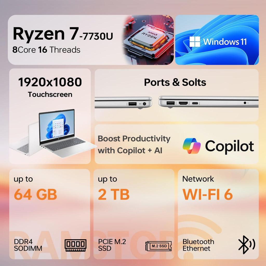 HP 2023 17 Laptop, 17.3' FHD Display (1920 x 1080), AMD Ryzen 7 7730U Processor (Beats i7-1260P), 64GB RAM, 2TB PCIe SSD, Backlit Keyboard, Wi-Fi 6, Webcam, HDMI, Windows 11 Home, Silver