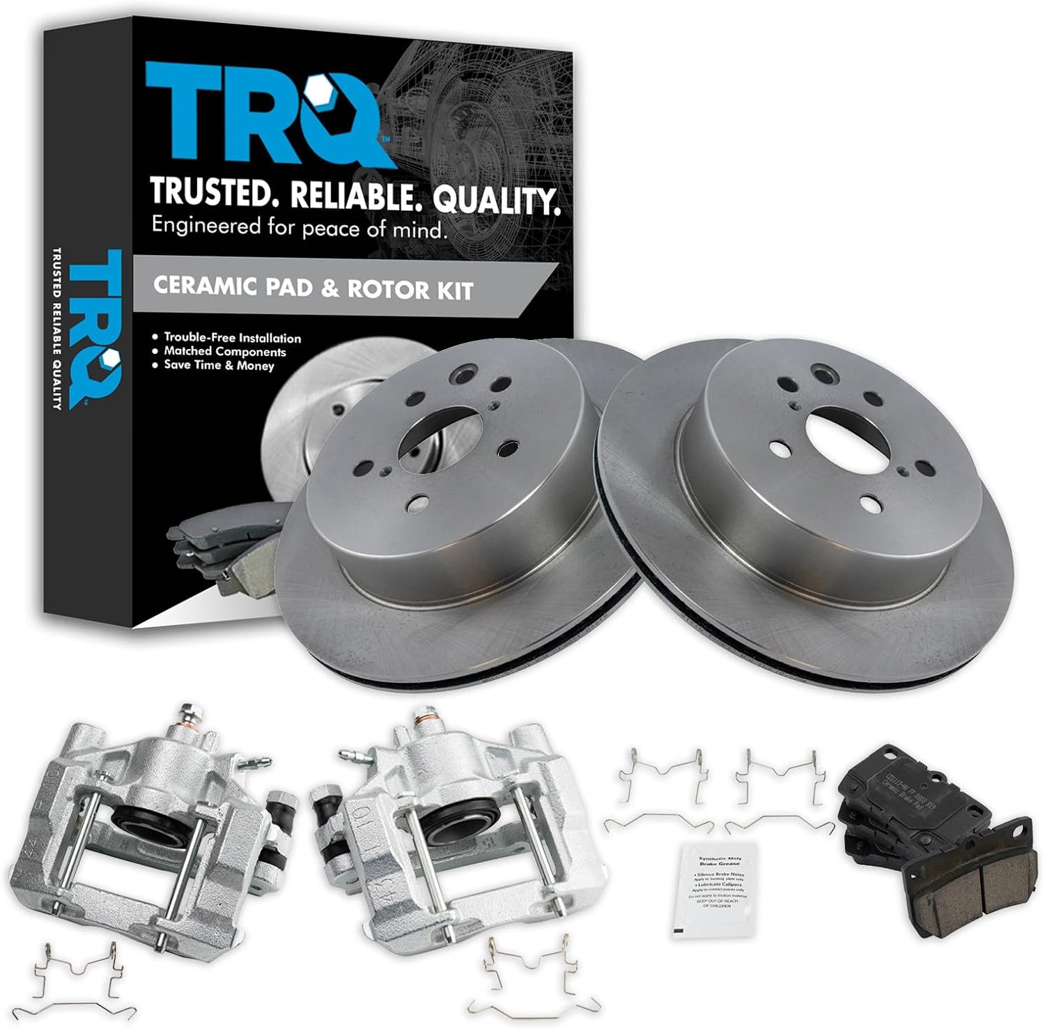 TRQ Rear Brake Pad and Rotor Set Ceramic Solid Rotors Calipers Compatible with 2010-2013 Lexus IS250