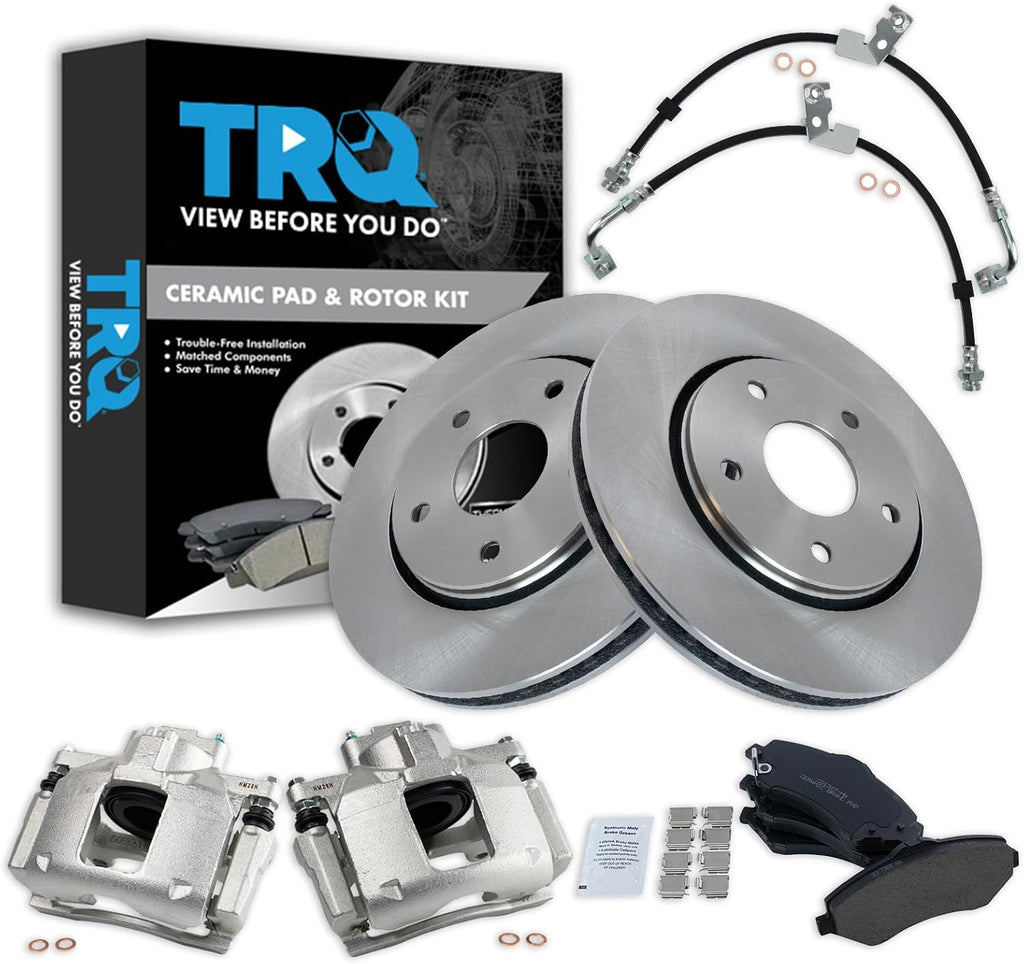 TRQ Front Brake Pad and Rotor Set Ceramic Vented Rotors Calipers Hoses Compatible with 2009-2013 Dodge Journey