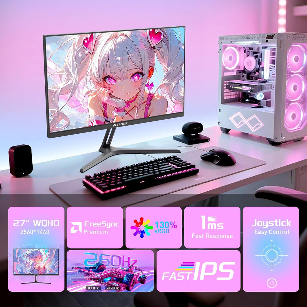 SANSUI Gaming Monitor 27' 1440p 260hz/240hz WQHD 2K - Fast IPS 1ms FreeSync Premium 丨DCI-P3 98% 丨sRGB130% 丨HDR10 丨2×DisplayPort 1.4丨2×HDMI2.0 PC Gaming Monitor with Crosshair