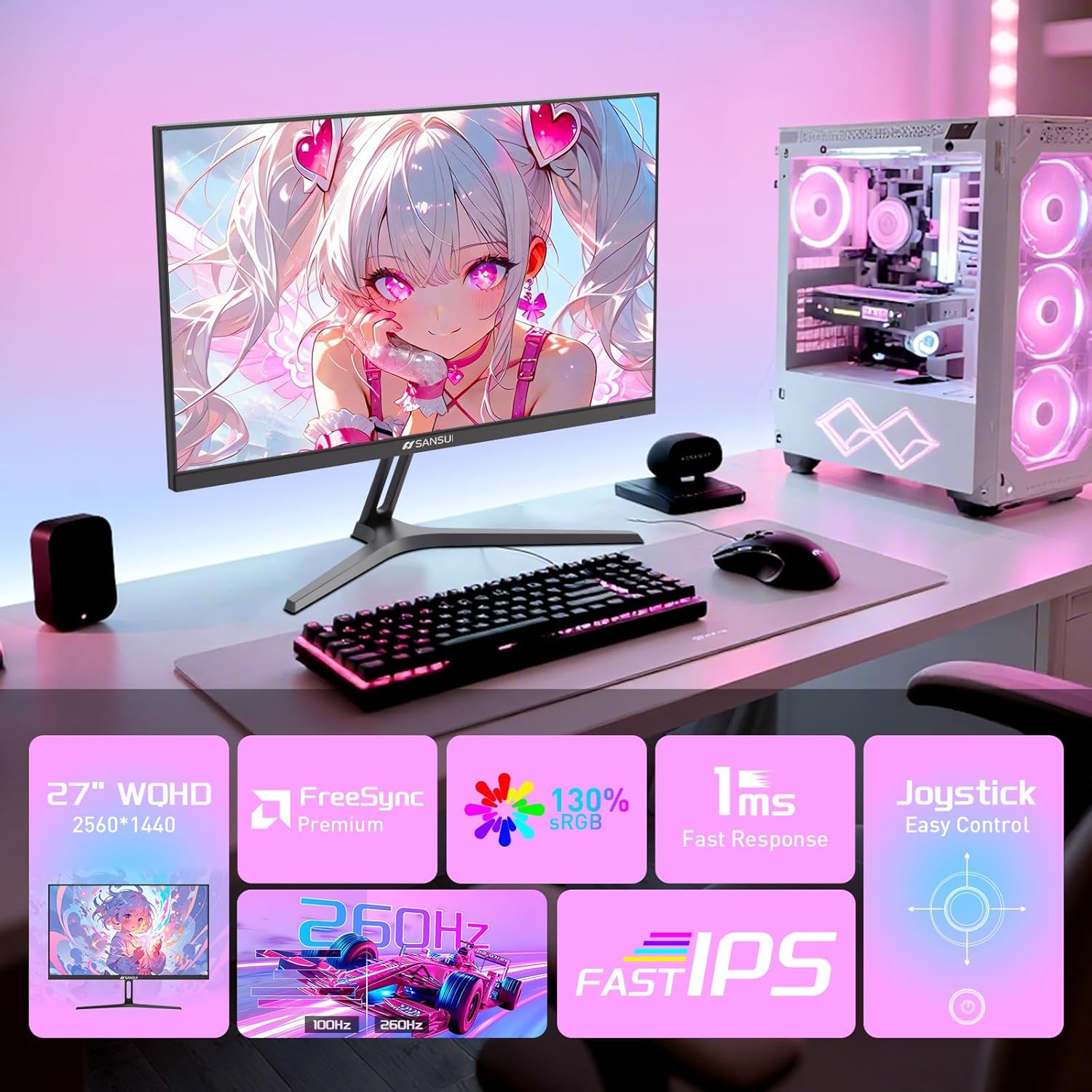 SANSUI Gaming Monitor 27' 1440p 260hz/240hz WQHD 2K - Fast IPS 1ms FreeSync Premium 丨DCI-P3 98% 丨sRGB130% 丨HDR10 丨2×DisplayPort 1.4丨2×HDMI2.0 PC Gaming Monitor with Crosshair